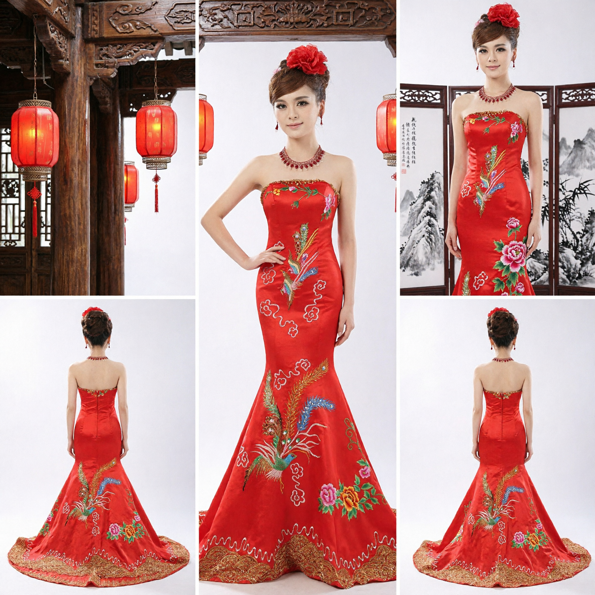 Elegant Red Chinese Wedding Dress Mermaid Style Phoenix Embroidery Traditional Formal Gown for Brides