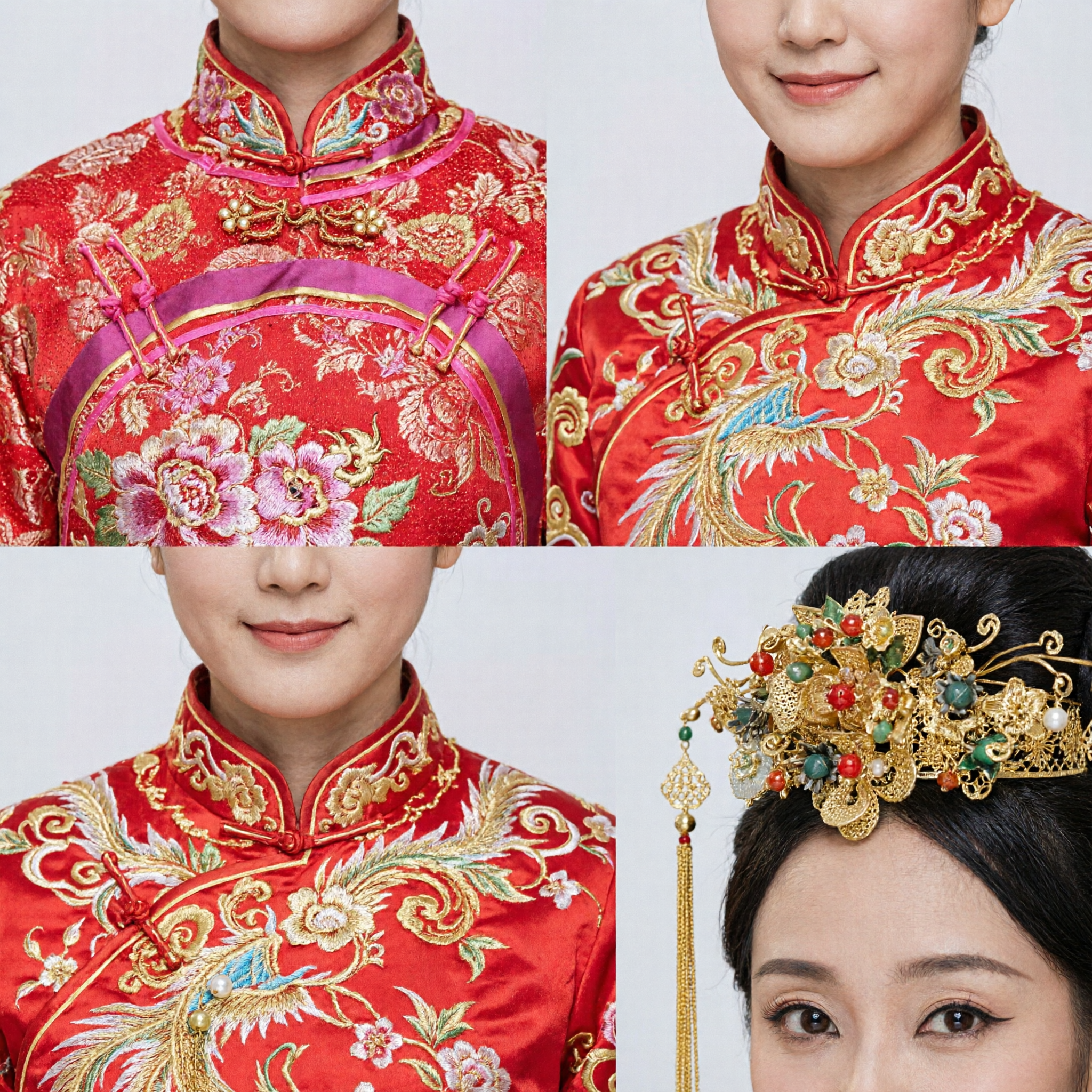 Traditional Chinese Wedding Phoenix Crown Headpiece Gold Hair Jewelry with Red Veil for Bride Hanfu Costume