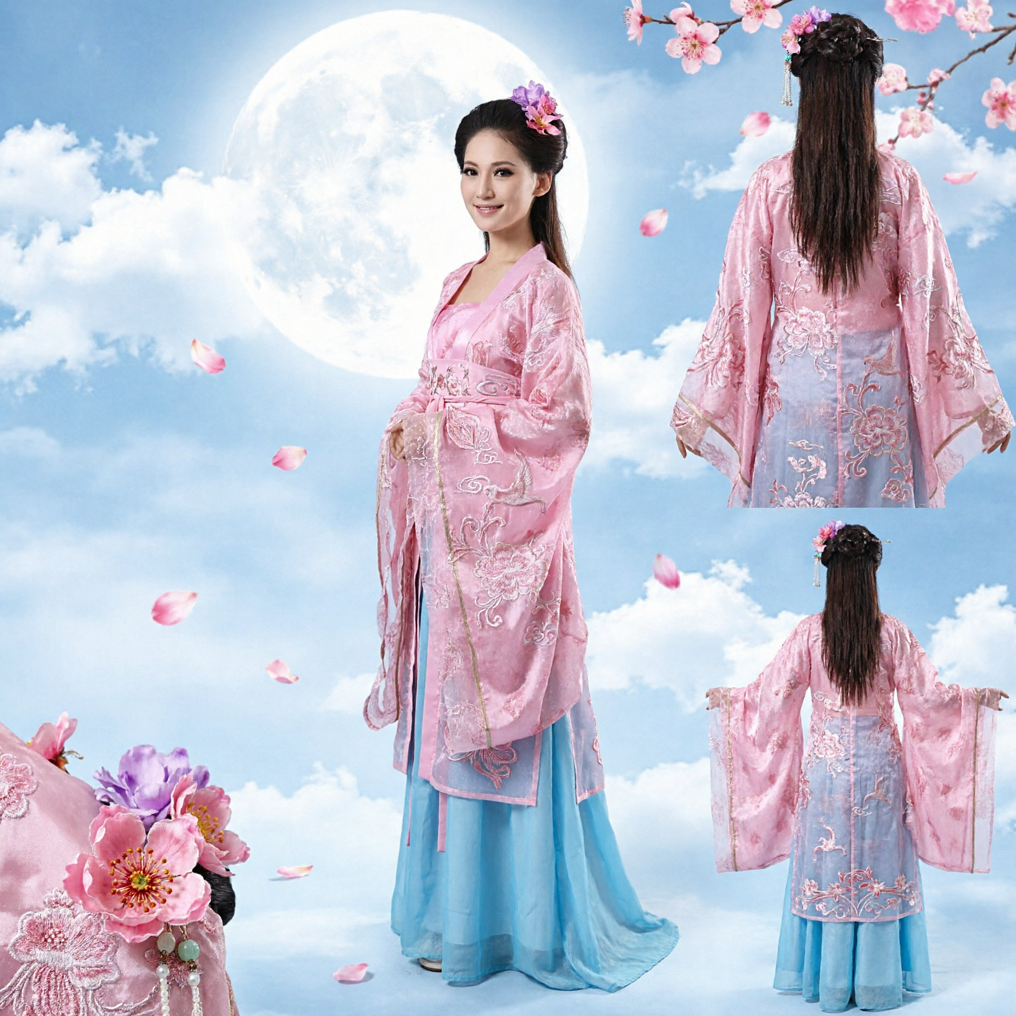 Pink Floral Hanfu Traditional Chinese Clothing Chang'e Moon Goddess Costume for Women Mid-Autumn Festival