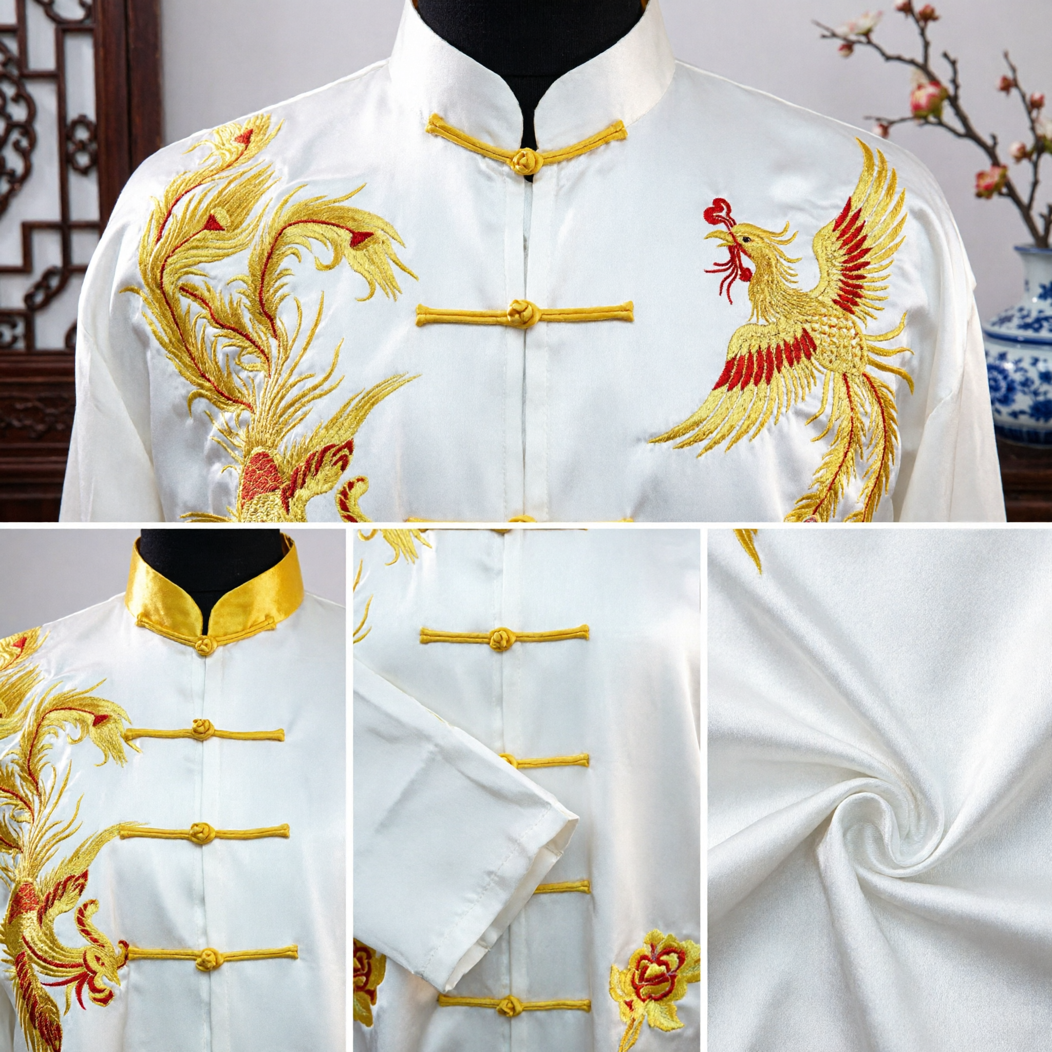 White Silk Chinese Tang Suit with Gold Phoenix Embroidery Traditional Kung Fu Tai Chi Uniform for Men