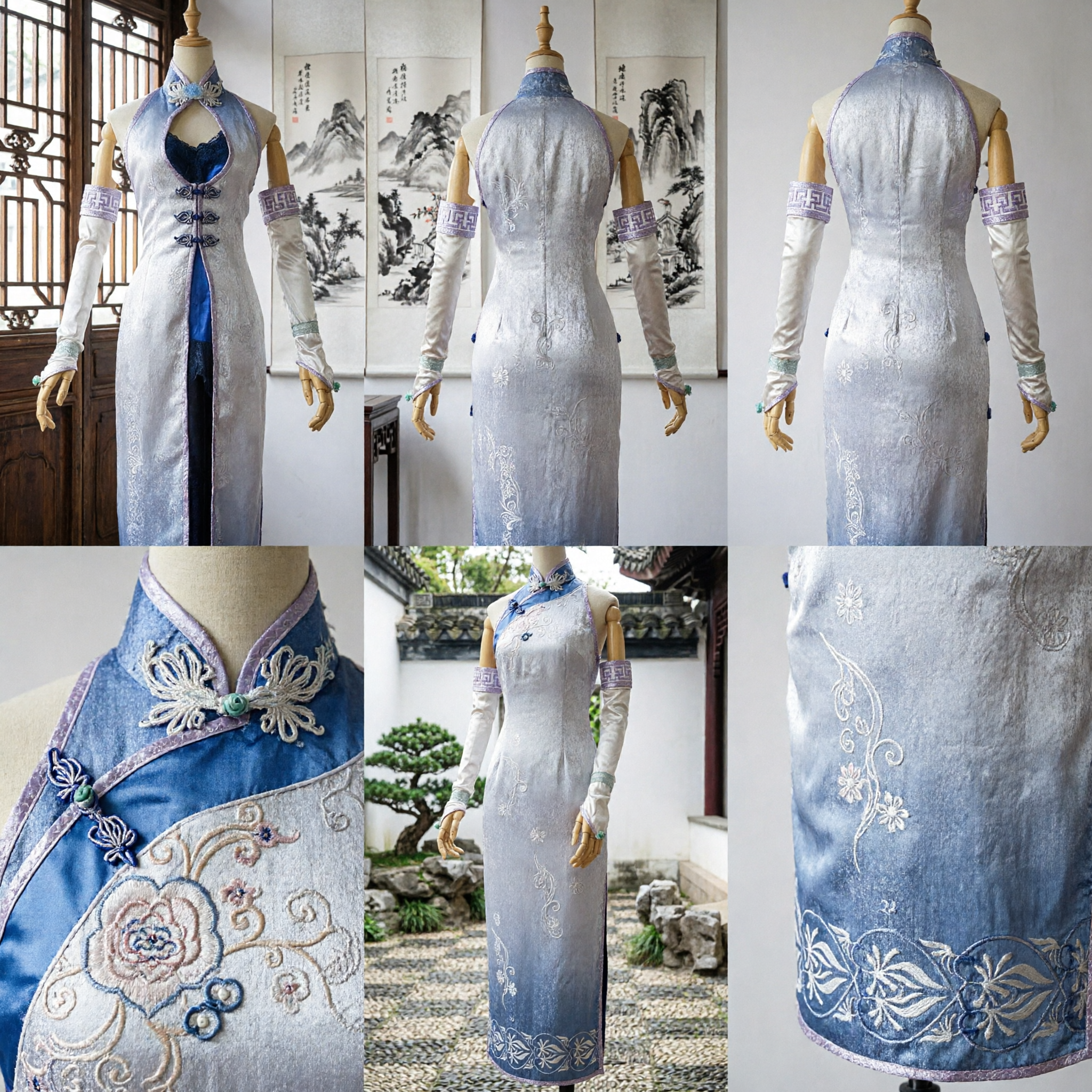 Elegant White and Blue Gradient Chinese Cheongsam Qipao Dress Traditional Costume for Women Cosplay Performance