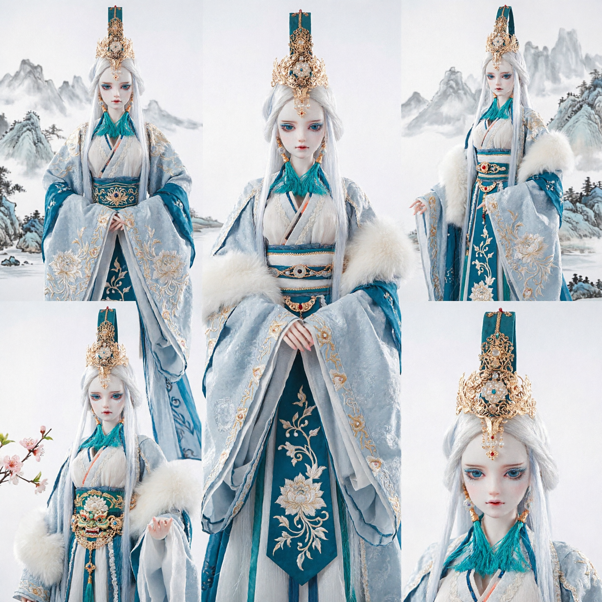 Exquisite Traditional Chinese Hanfu Costume for BJD Dolls Winter Fairy Style with White Fur and Headdress