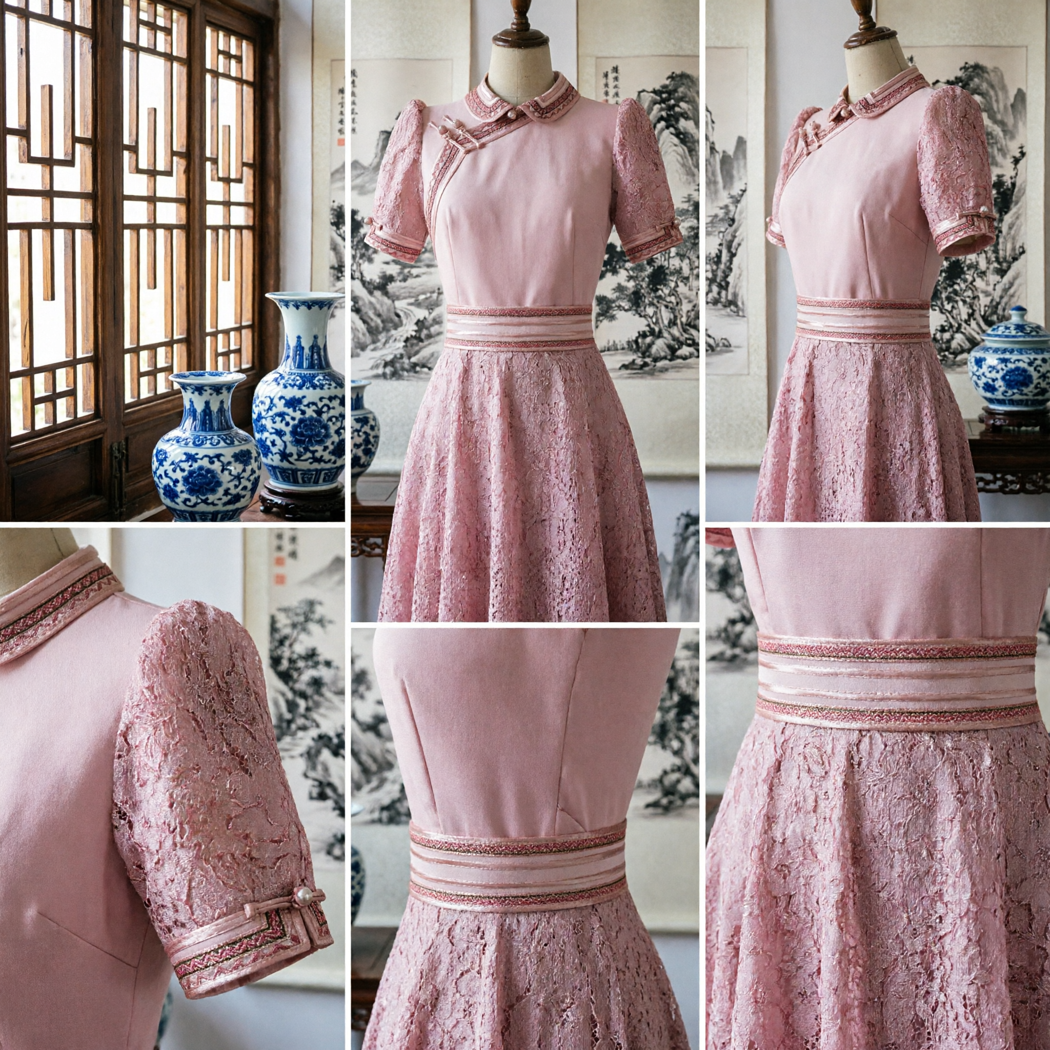 Modern Pink Lace Cheongsam Dress Traditional Chinese Qipao Style Elegant Party Gown for Women