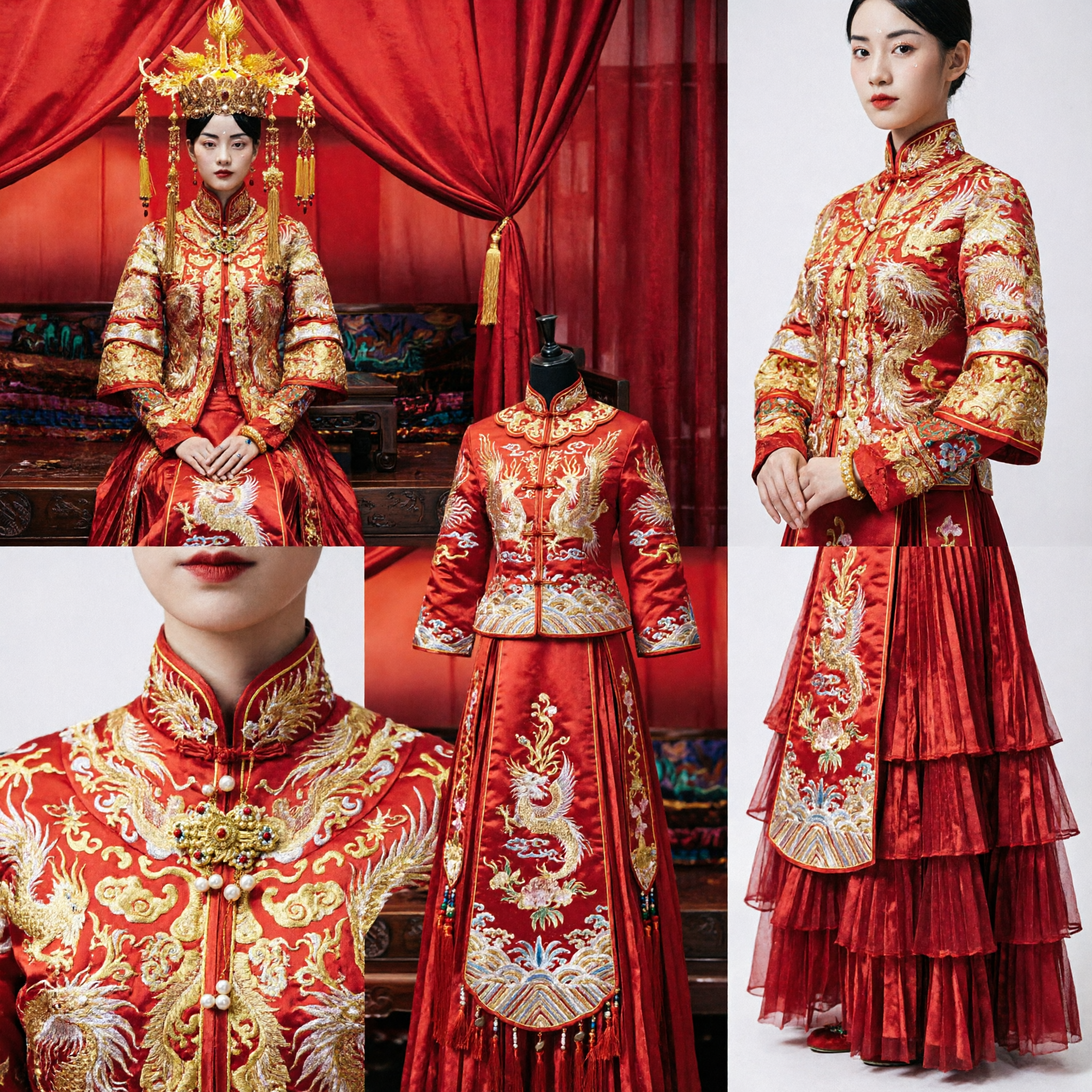 Traditional Chinese Wedding Dress Red and Gold Embroidered Xiuhe Suit with Phoenix Crown for Bride