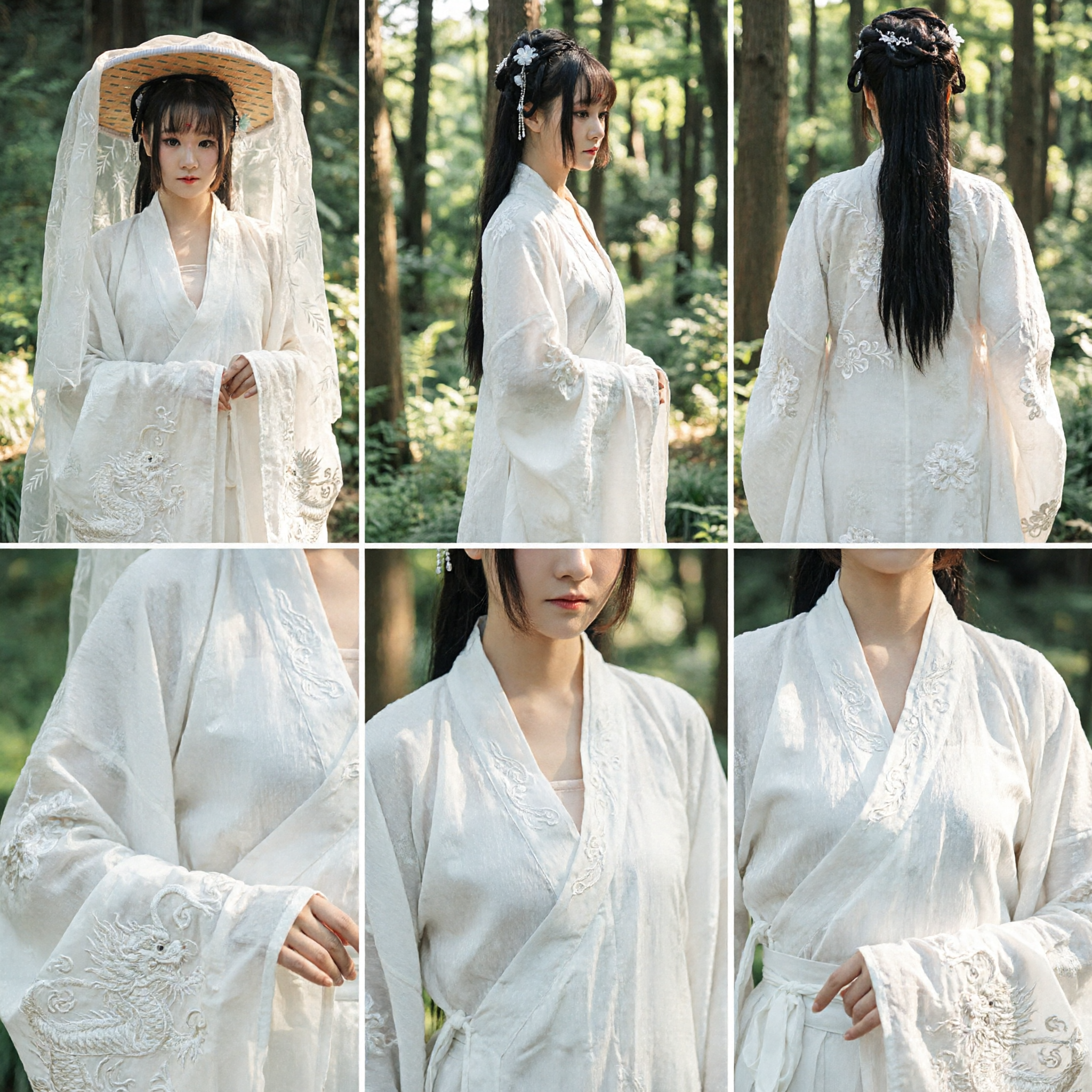 Ancient Chinese Wuxia Swordswoman Costume Accessories Bamboo Hat with Long White Embroidered Veil Hanfu Headwear for Women
