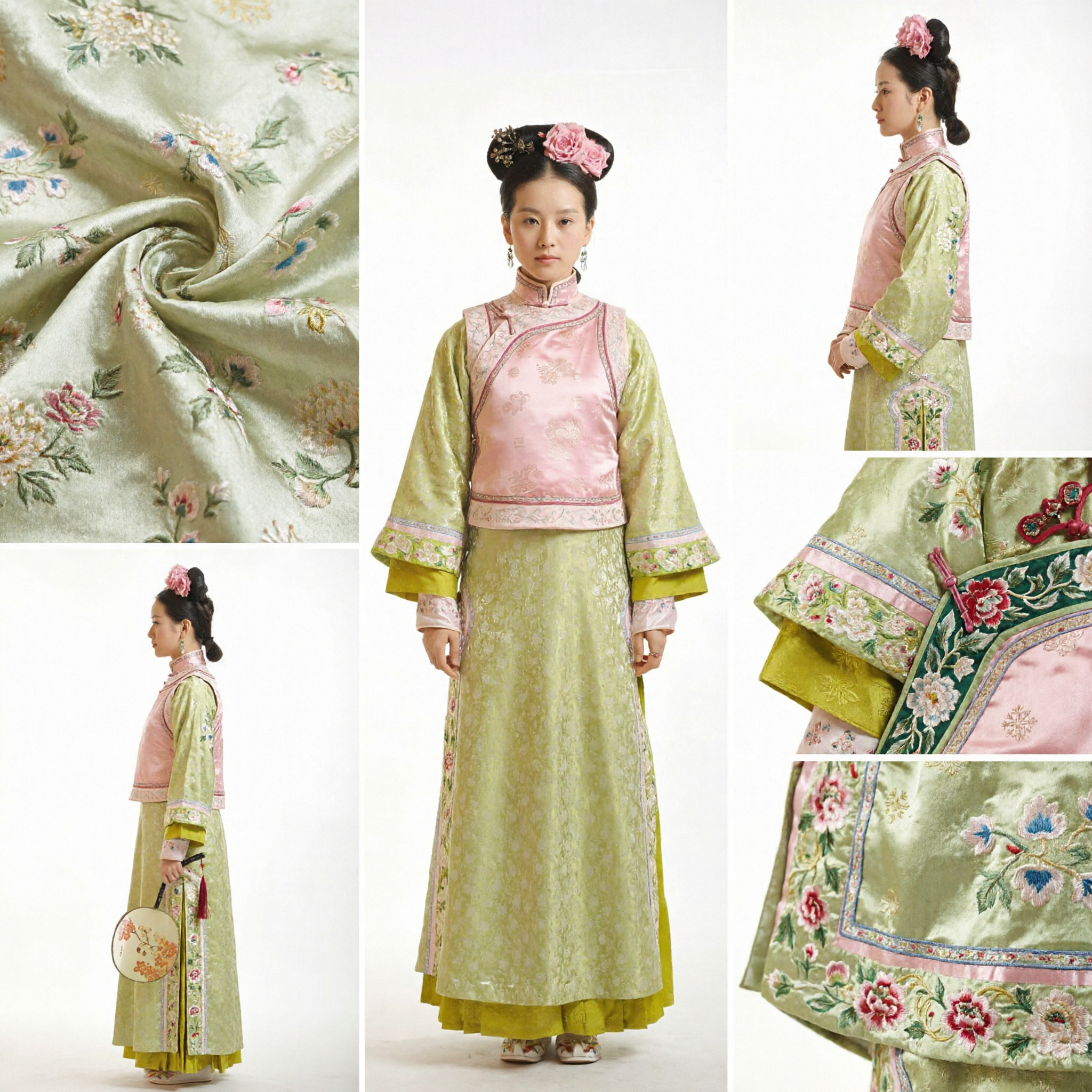Traditional Chinese Qing Dynasty Manchu Princess Costume Green and Pink Palace Lady Dress for Women Stage Performance