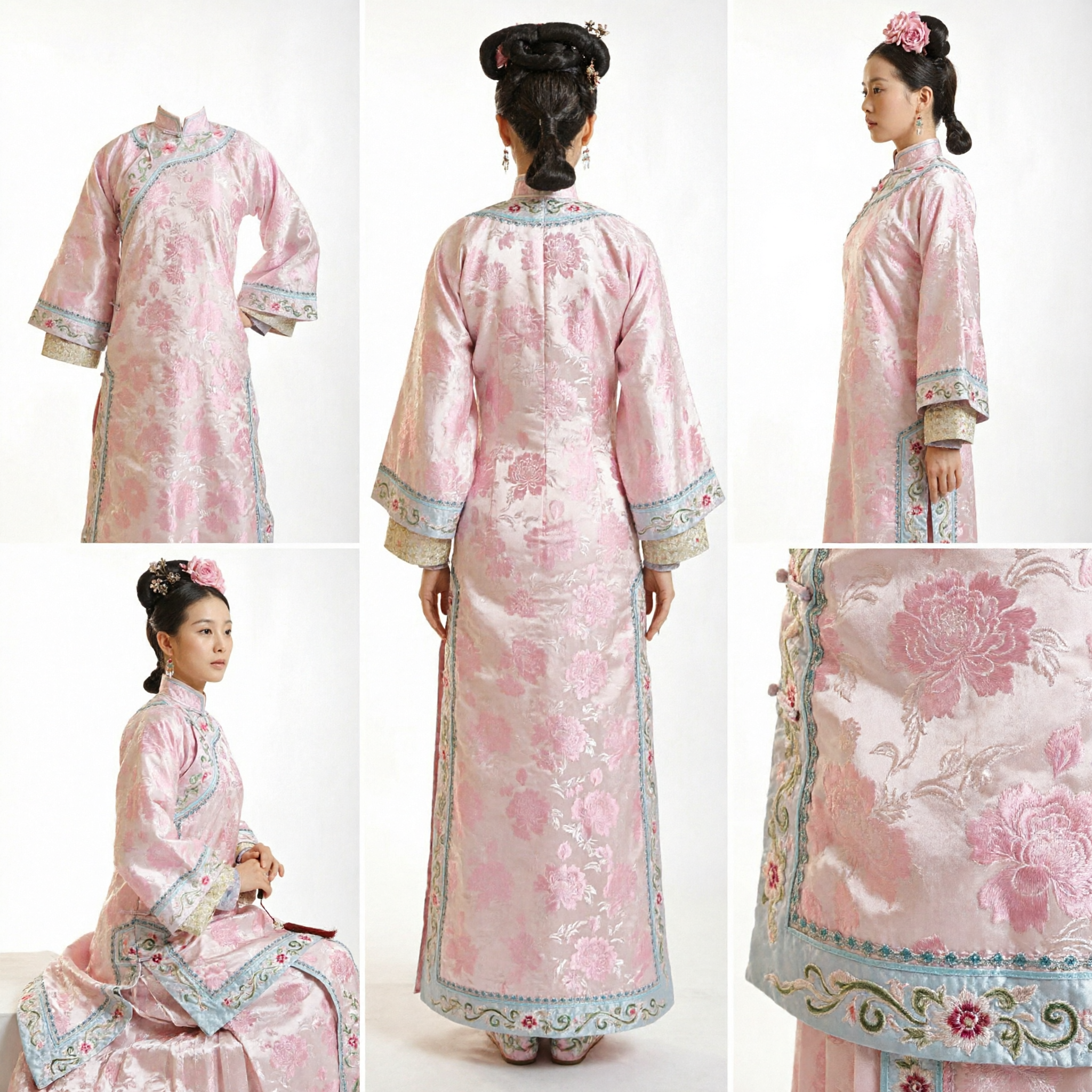 Traditional Chinese Qing Dynasty Manchu Princess Costume Pink Floral Dress for Women Historical Cosplay