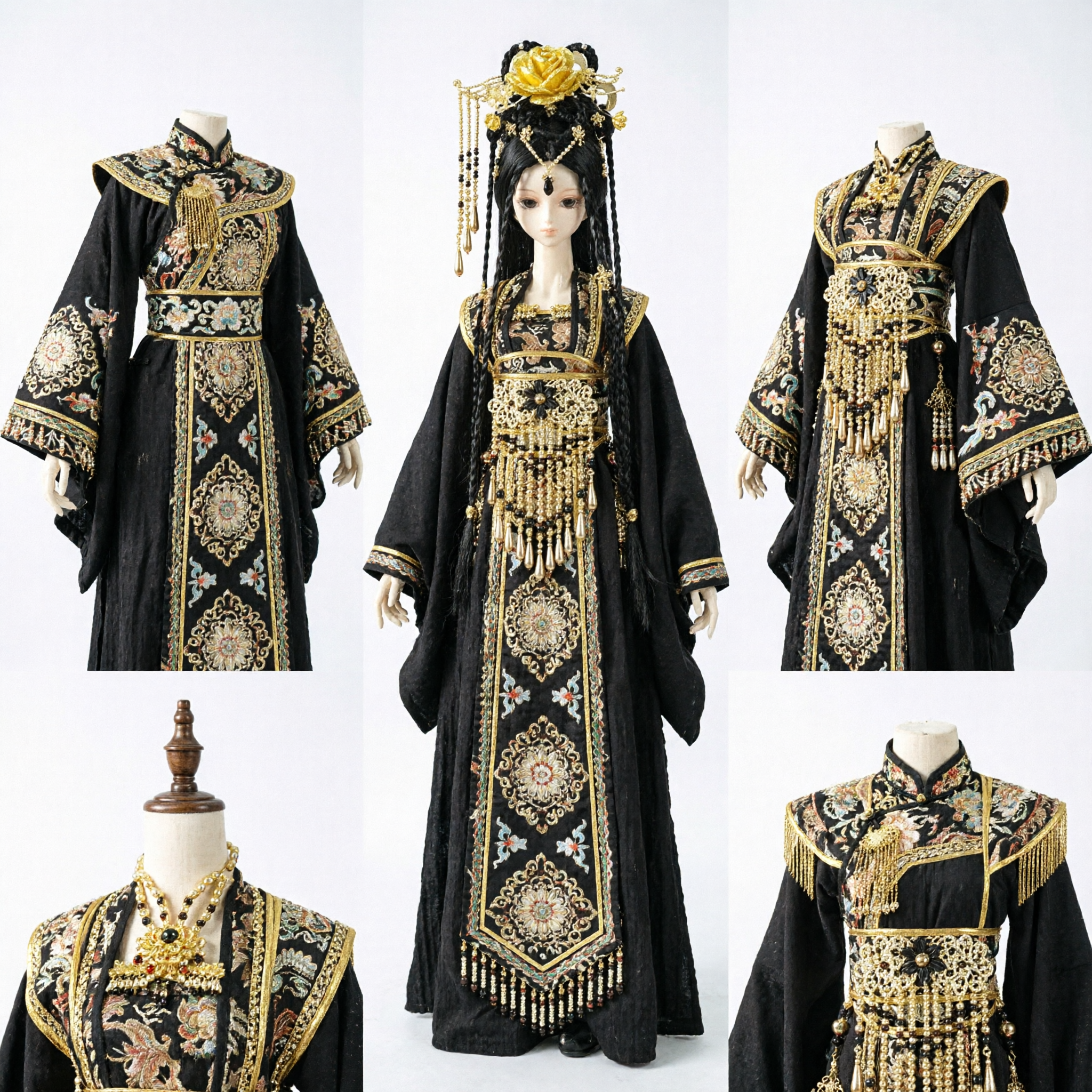 Exquisite Black and Gold Imperial BJD Doll Outfit with Elaborate Floral Headpiece for Collectors and Display