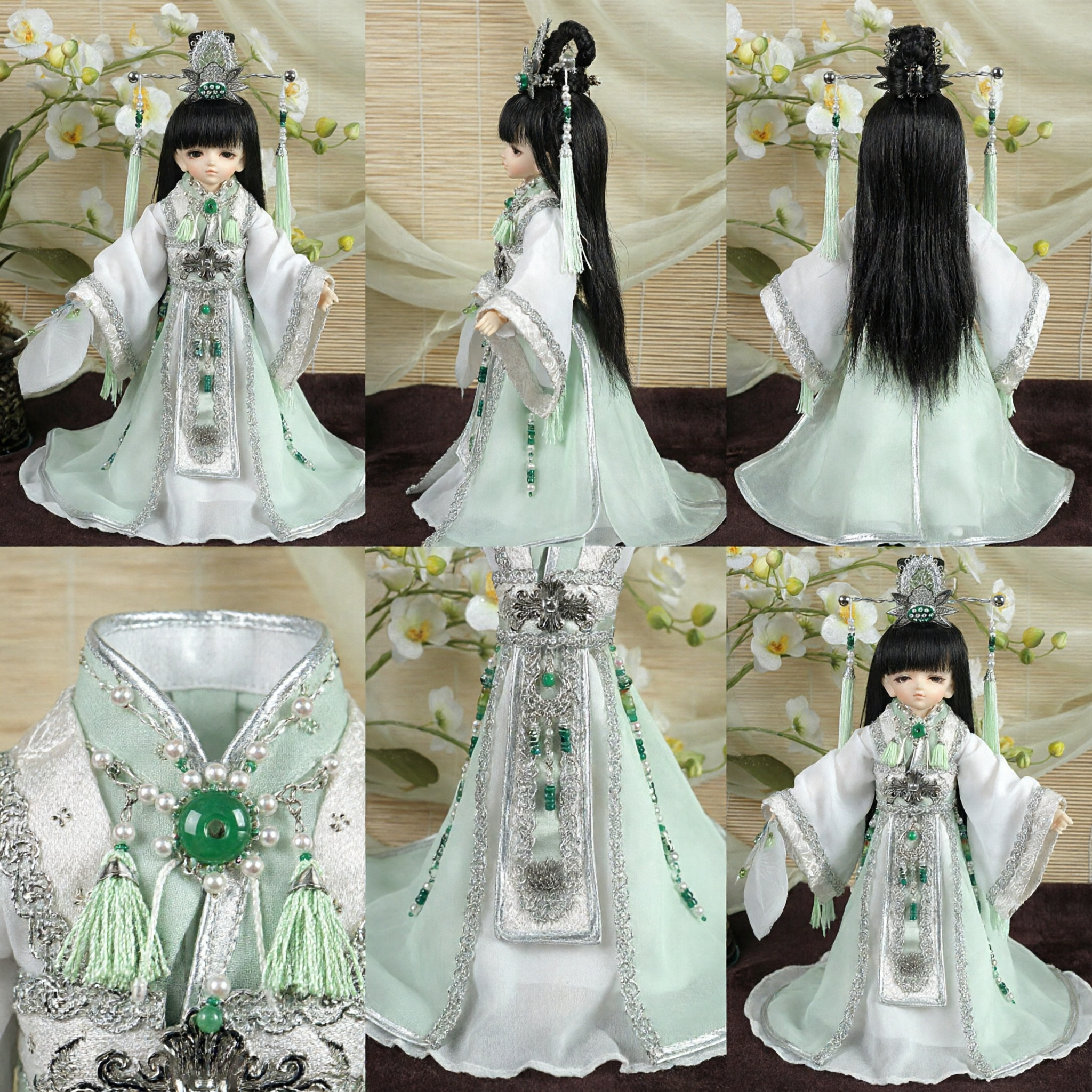 Traditional Chinese Hanfu Costume for BJD Dolls Elegant White and Green Ancient Noble Outfit with Headdress