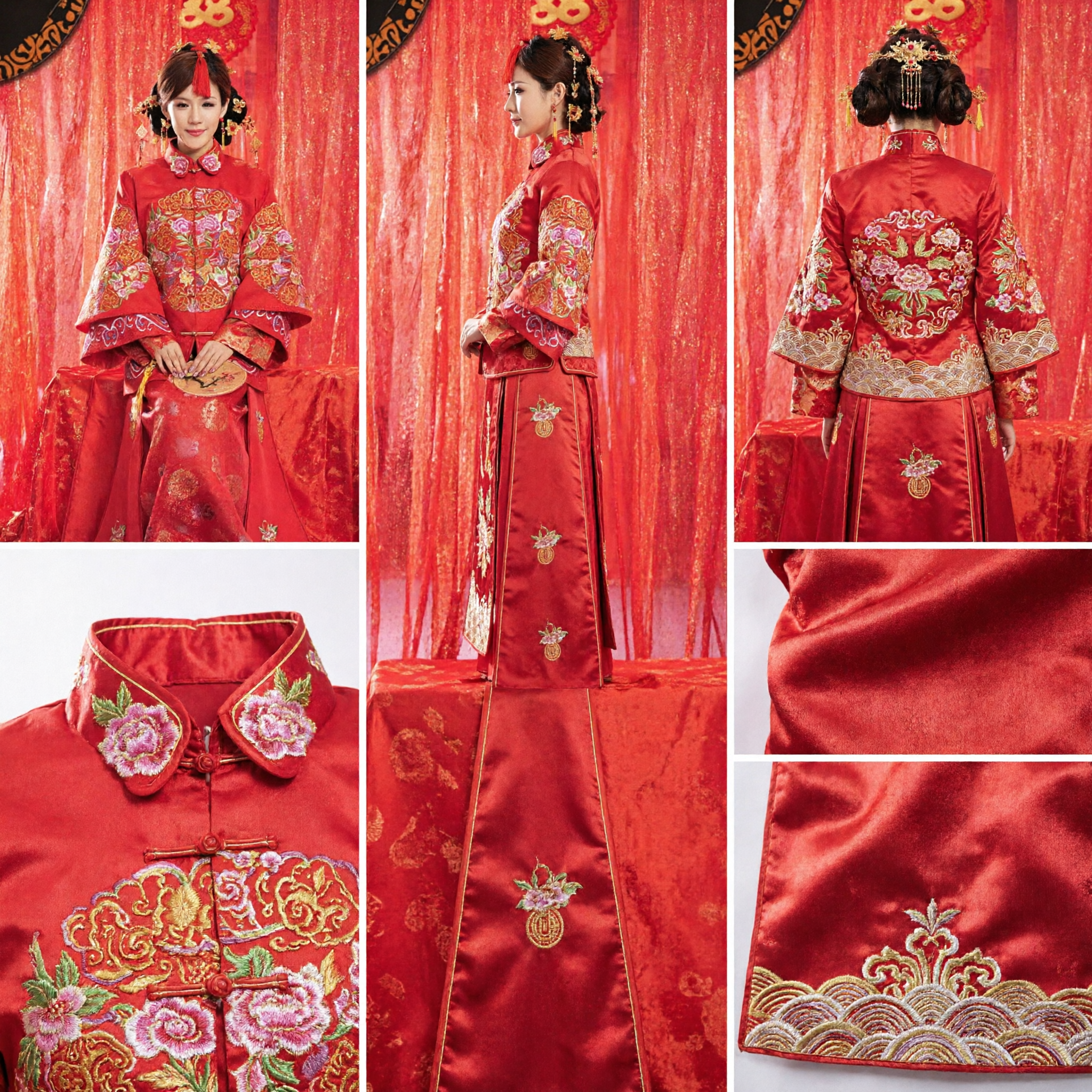 Traditional Chinese Wedding Dress Red Qun Kwa Embroidered Bridal Gown Jacket Skirt Set for Bride