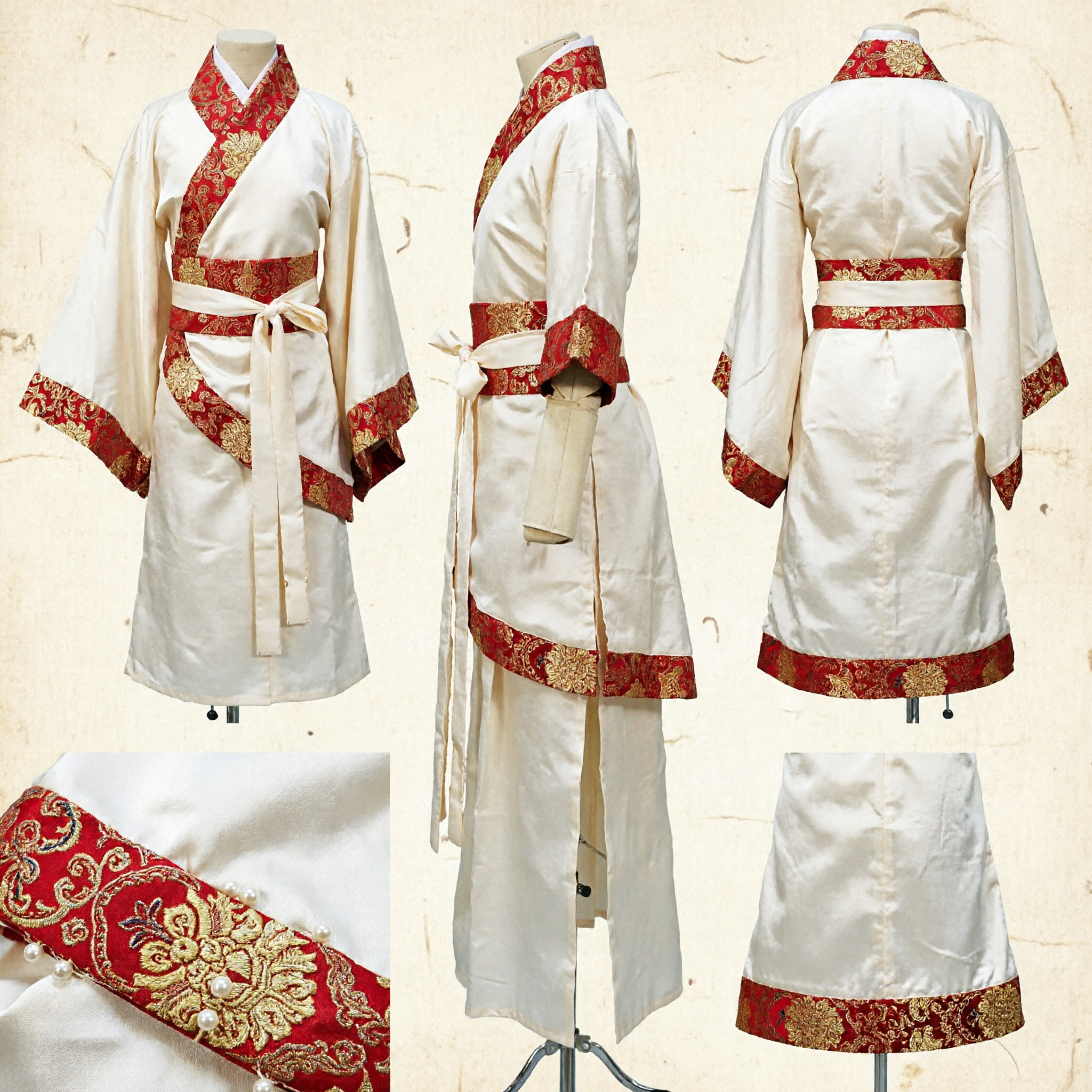 Traditional Chinese Hanfu Ancient Scholar Costume White Robe Red Trim for Cosplay Performance and Cultural Events