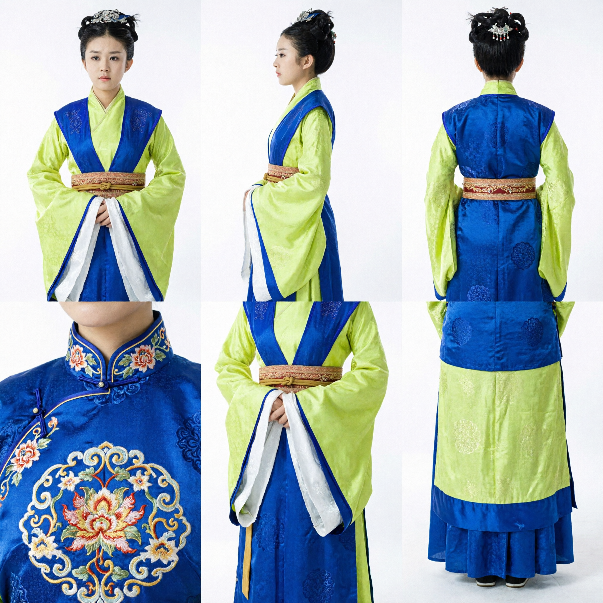 Womens Ancient Chinese Hanfu Costume Traditional Lime Green Robe Blue Vest for Historical Drama Cosplay