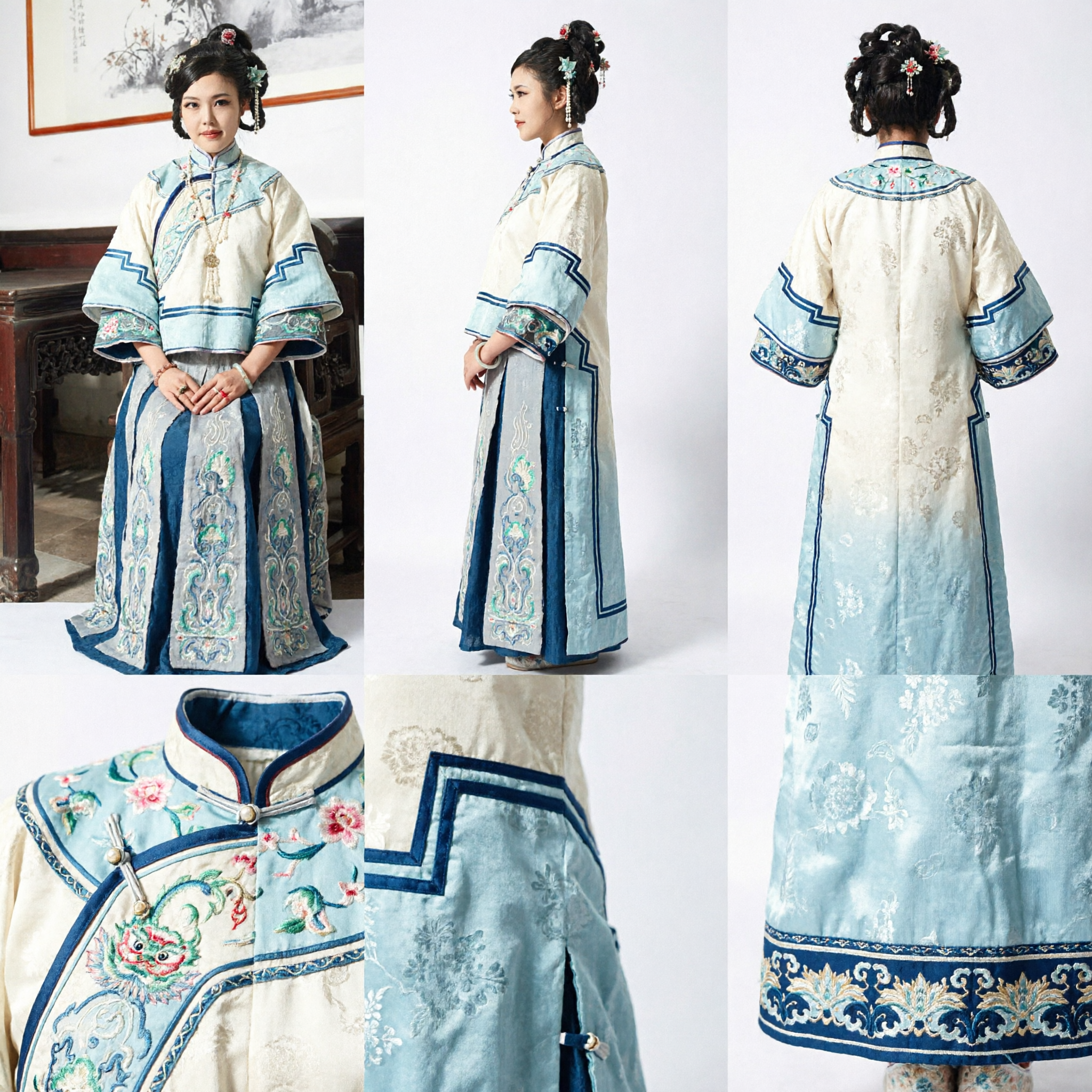 Traditional Chinese Qing Dynasty Noblewoman Costume Embroidered Blue Jacket and Skirt Set for Women
