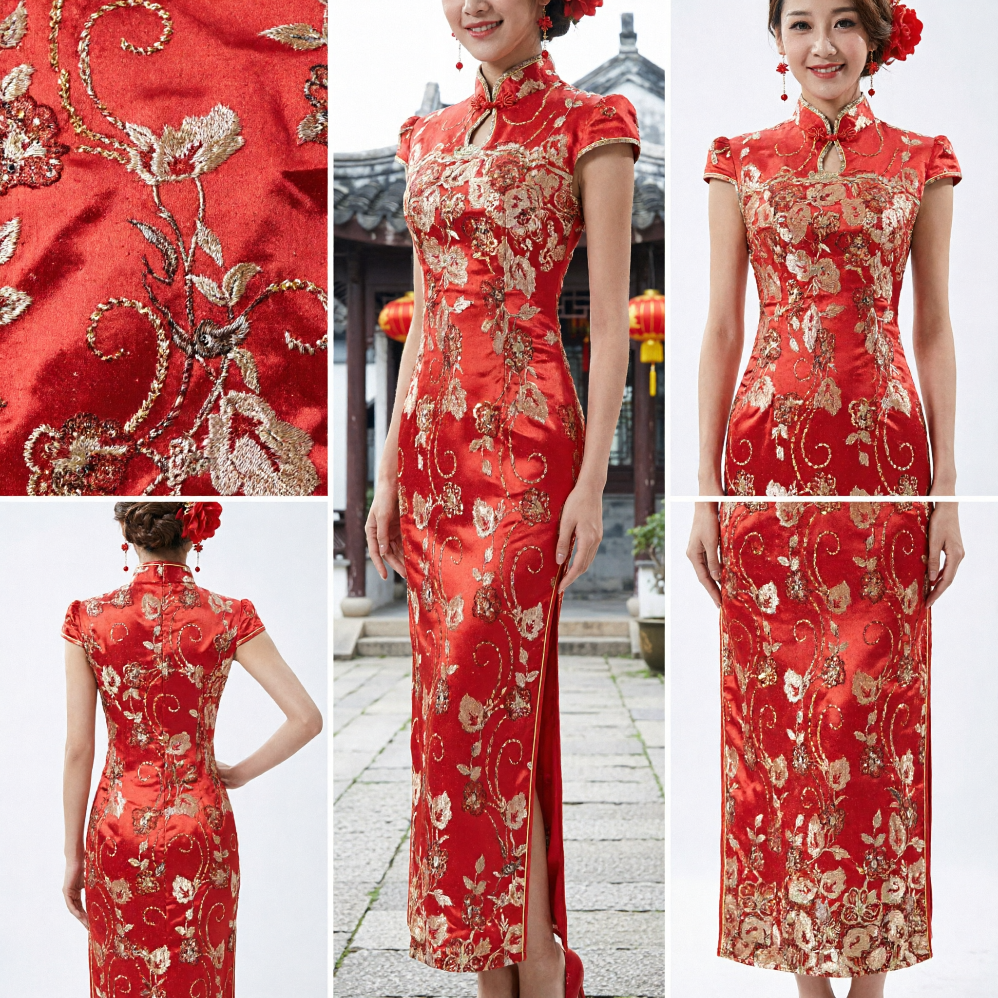 Traditional Red Chinese Wedding Dress Long Fishtail Cheongsam Qipao with Gold Embroidery for Bride