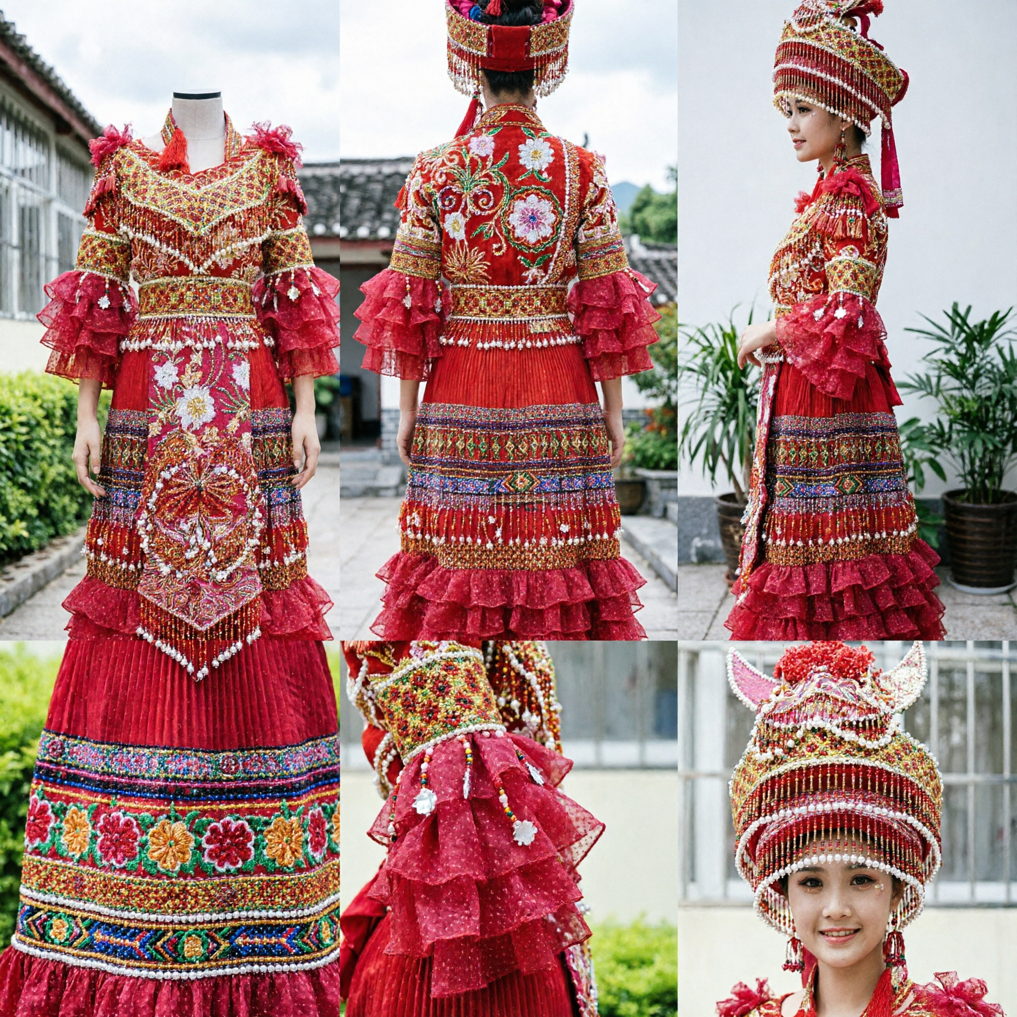Traditional Chinese Ethnic Minority Folk Dance Costume Red Embroidered Dress with Headdress for Girls Performance