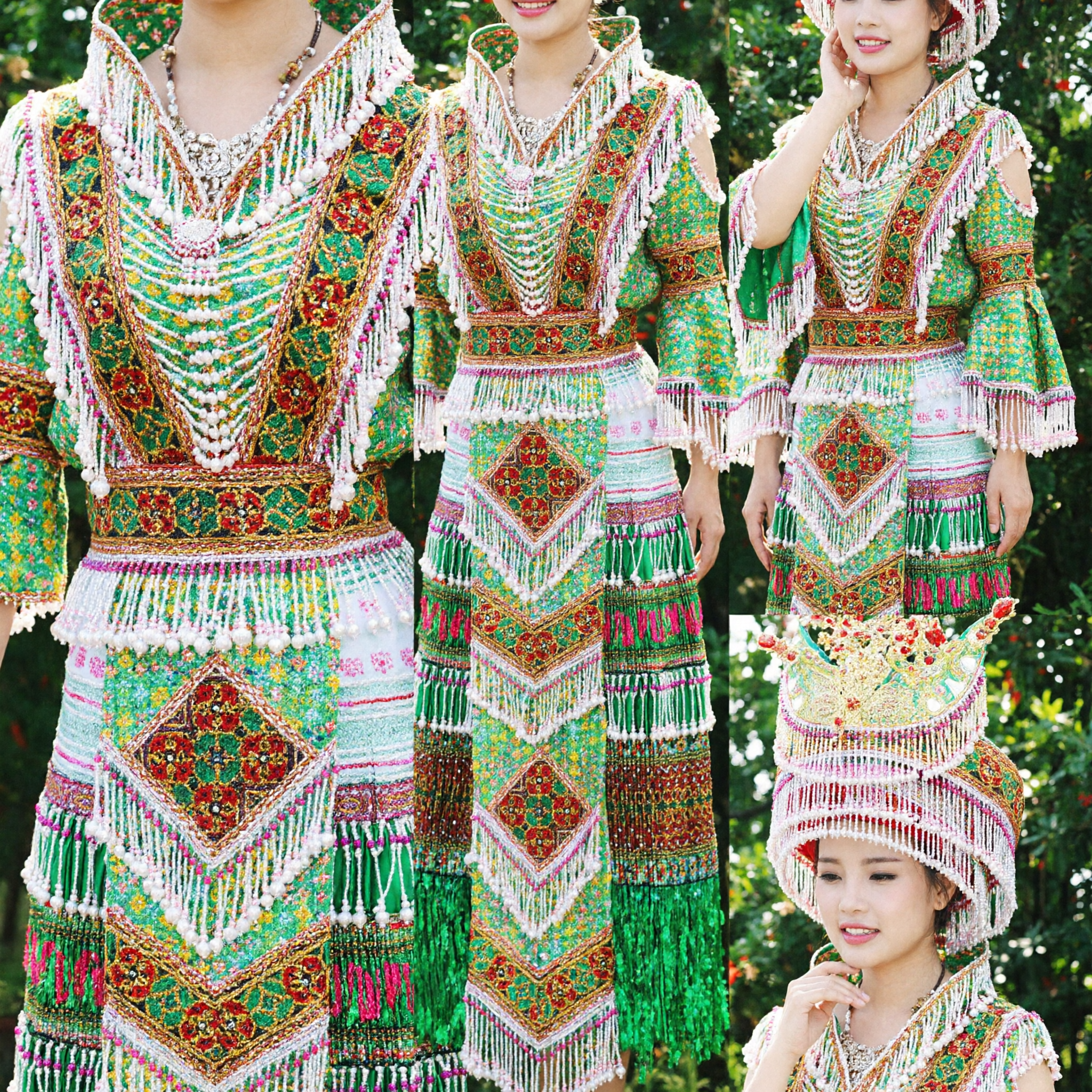 Chinese Miao Ethnic Minority Traditional Costume Green Embroidered Dress and Silver Headdress Set for Women