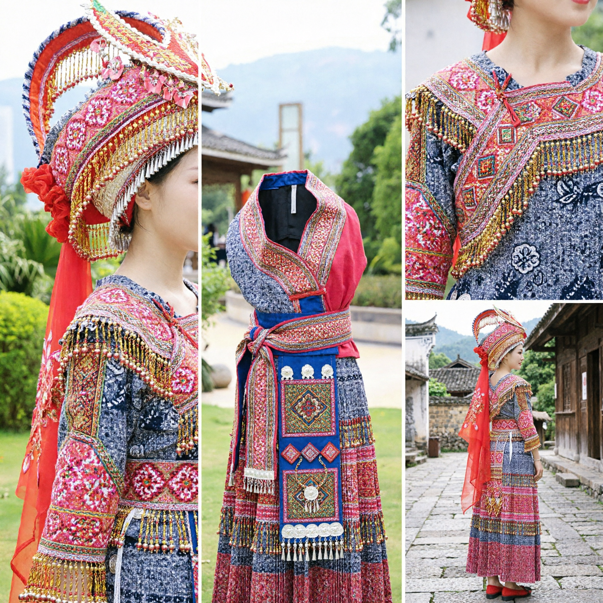 Traditional Chinese Zhuang Minority Ethnic Costume Women's Folk Dance Dress Complete Set with Embroidered Hat