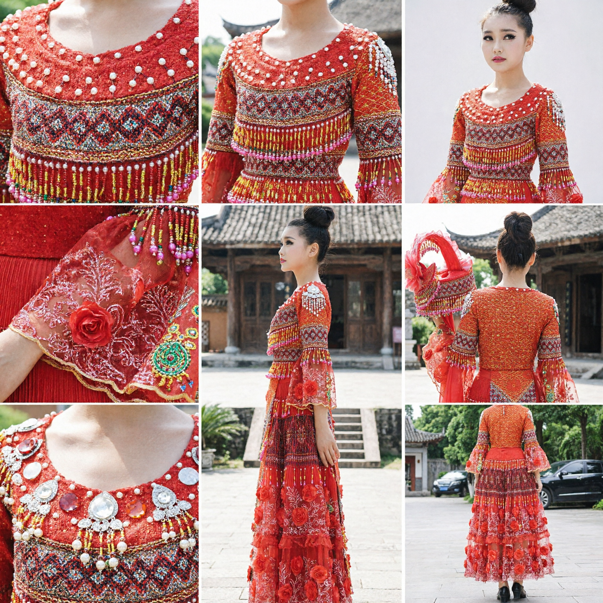 Traditional Chinese Ethnic Minority Dance Costume Red Embroidered Stage Performance Dress with Headdress for Women