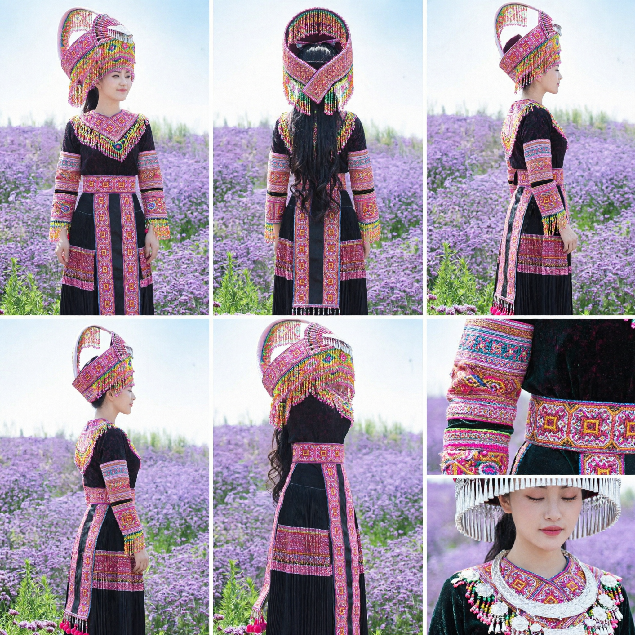 Traditional Chinese Miao Ethnic Minority Costume with Intricate Beaded Headdress and Embroidered Dress for Cultural Performance