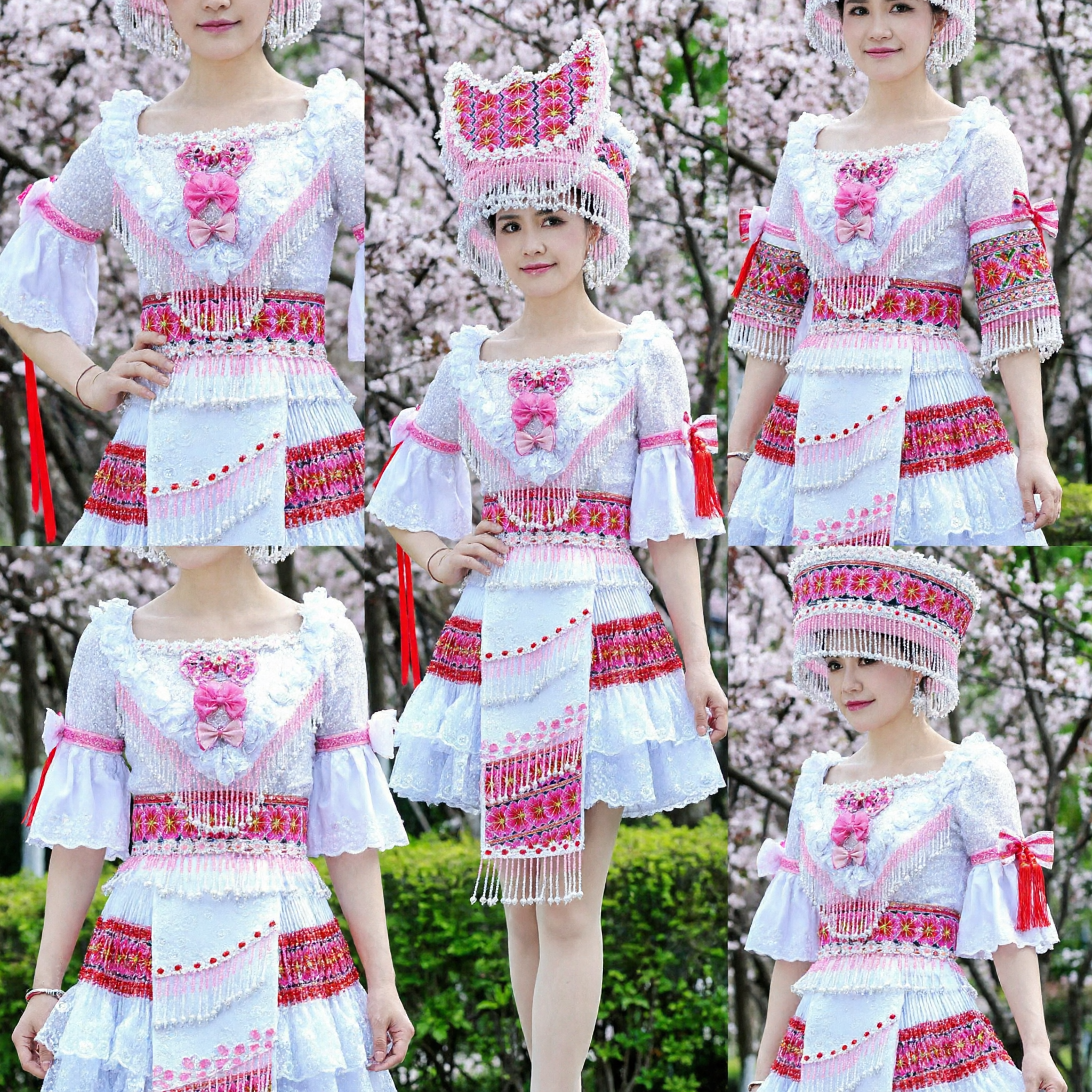 Women's Traditional Chinese Ethnic Minority Dance Costume Pink and White Embroidered Dress with Headdress for Stage Performance