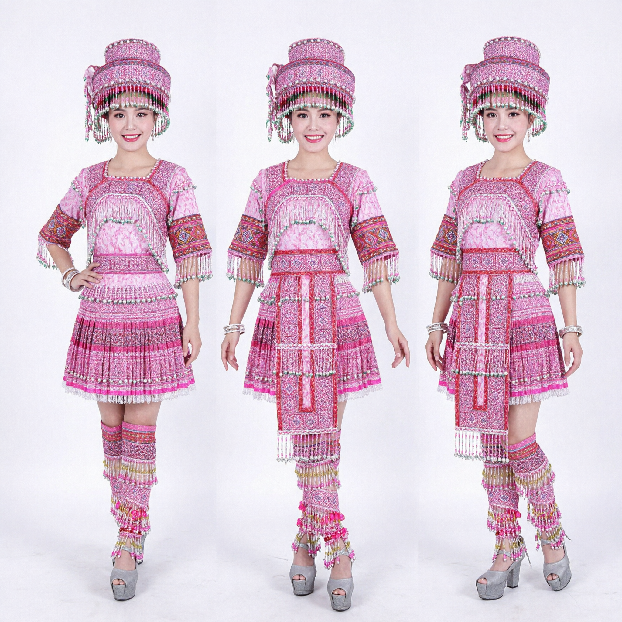 Traditional Pink Chinese Miao Minority Wedding Costume Complete Set with Silver Headdress for Folk Dance
