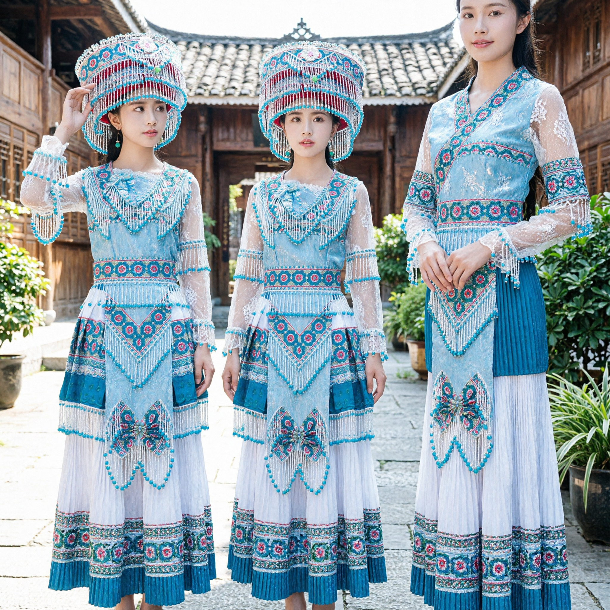 Traditional Chinese Ethnic Minority Costume Blue Embroidered Fringe Dress and Headdress Set for Folk Dance Wedding Performance
