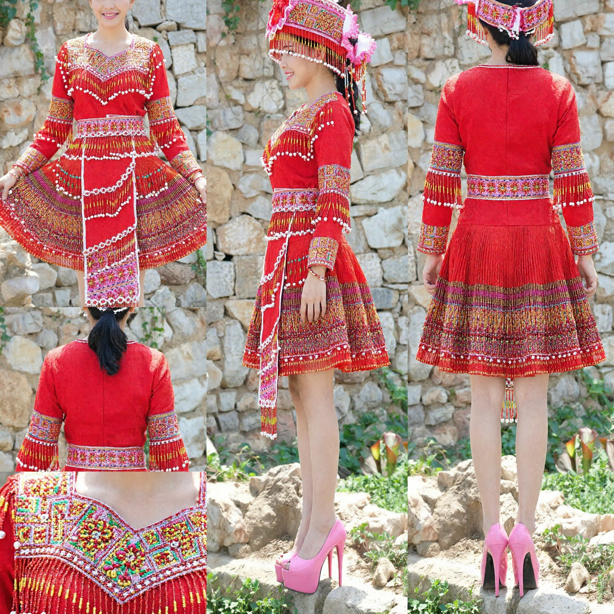 Vibrant Red Chinese Ethnic Miao Folk Dance Costume for Women Traditional Stage Performance Dress with Headpiece
