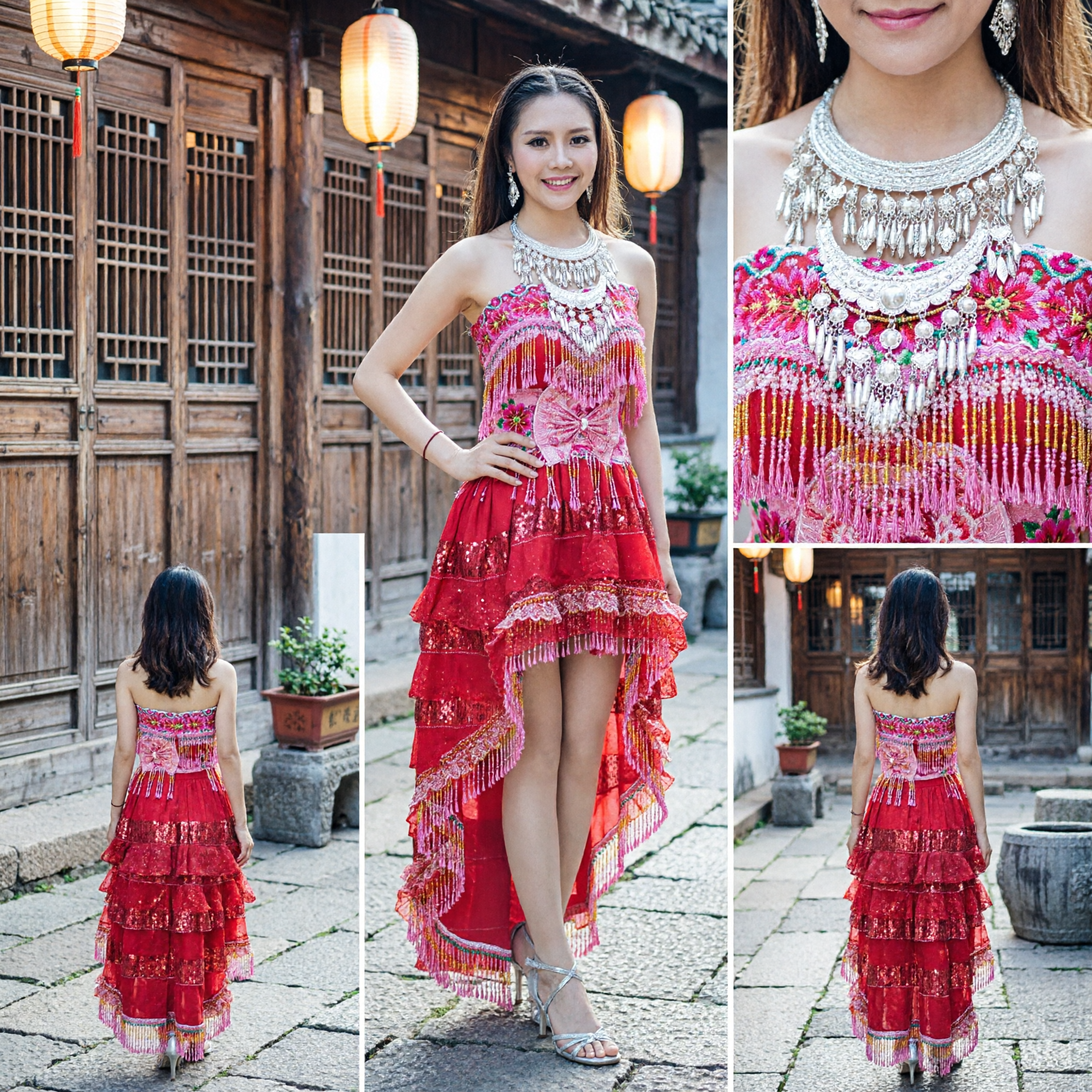 Women's Traditional Chinese Dai Ethnic Costume Pink Fringe Halter Dress for Folk Dance and Stage Performance