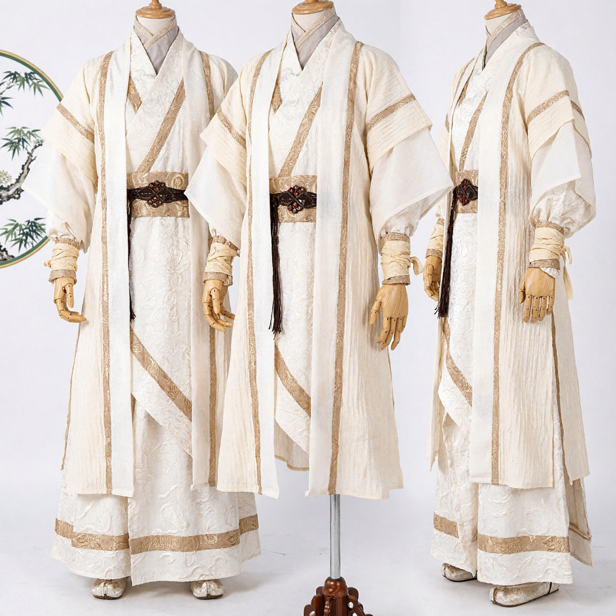Traditional Chinese Hanfu Costume Men Cream Scholar Robe Wuxia Swordsman Cosplay Performance Outfit Set