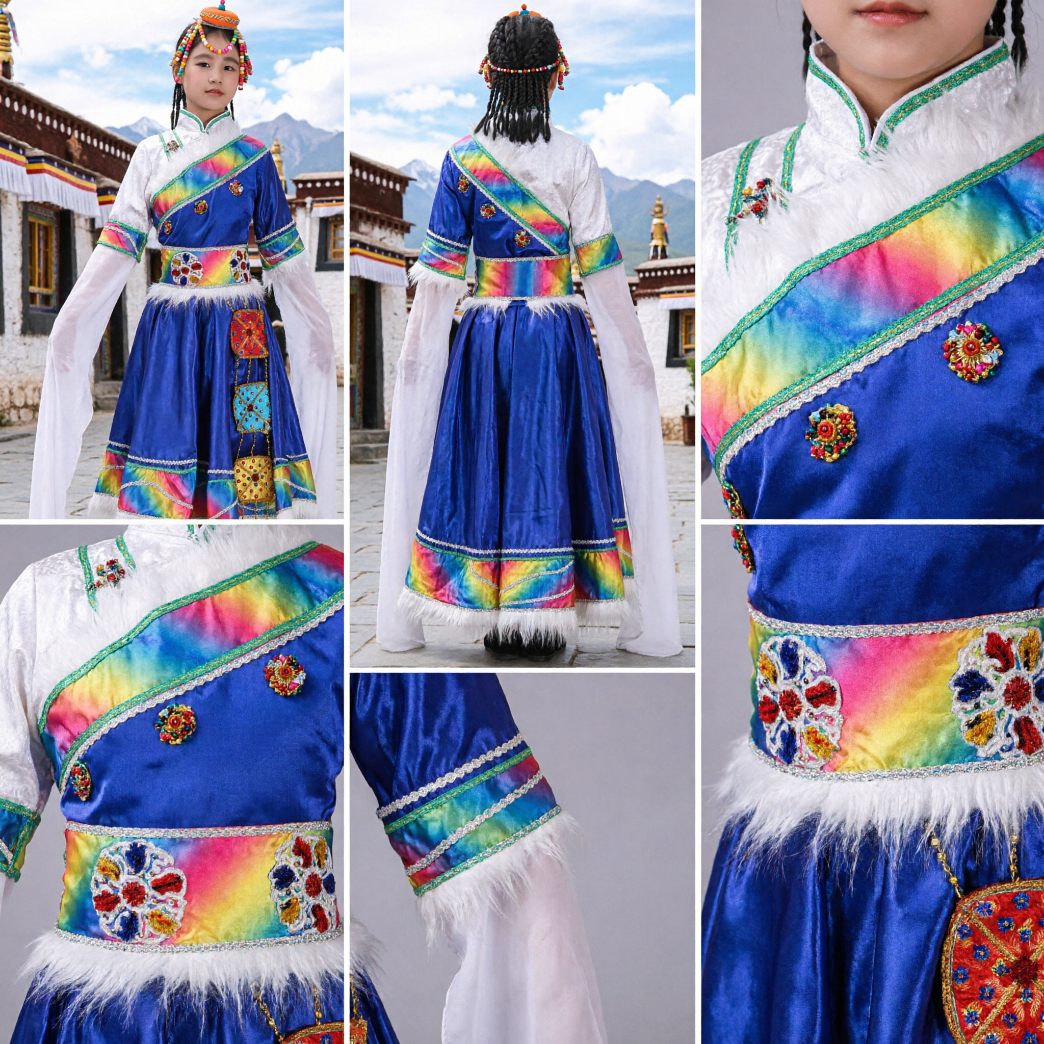Traditional Chinese Tibetan Folk Dance Costume for Girls Kids Stage Performance Dress with Long Water Sleeves