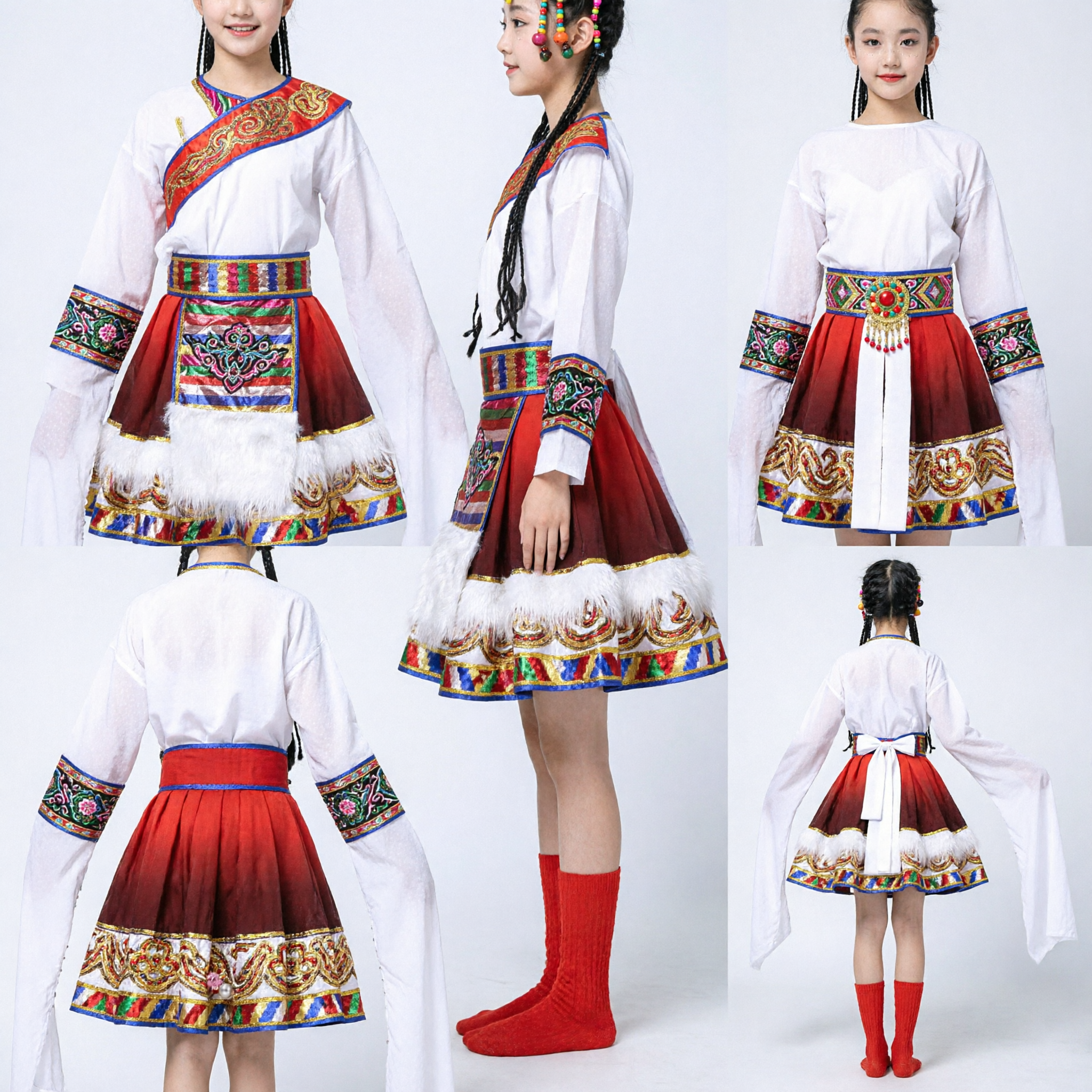 Traditional Chinese Tibetan Folk Dance Costume for Kids Girl Water Sleeve Performance Outfit Set