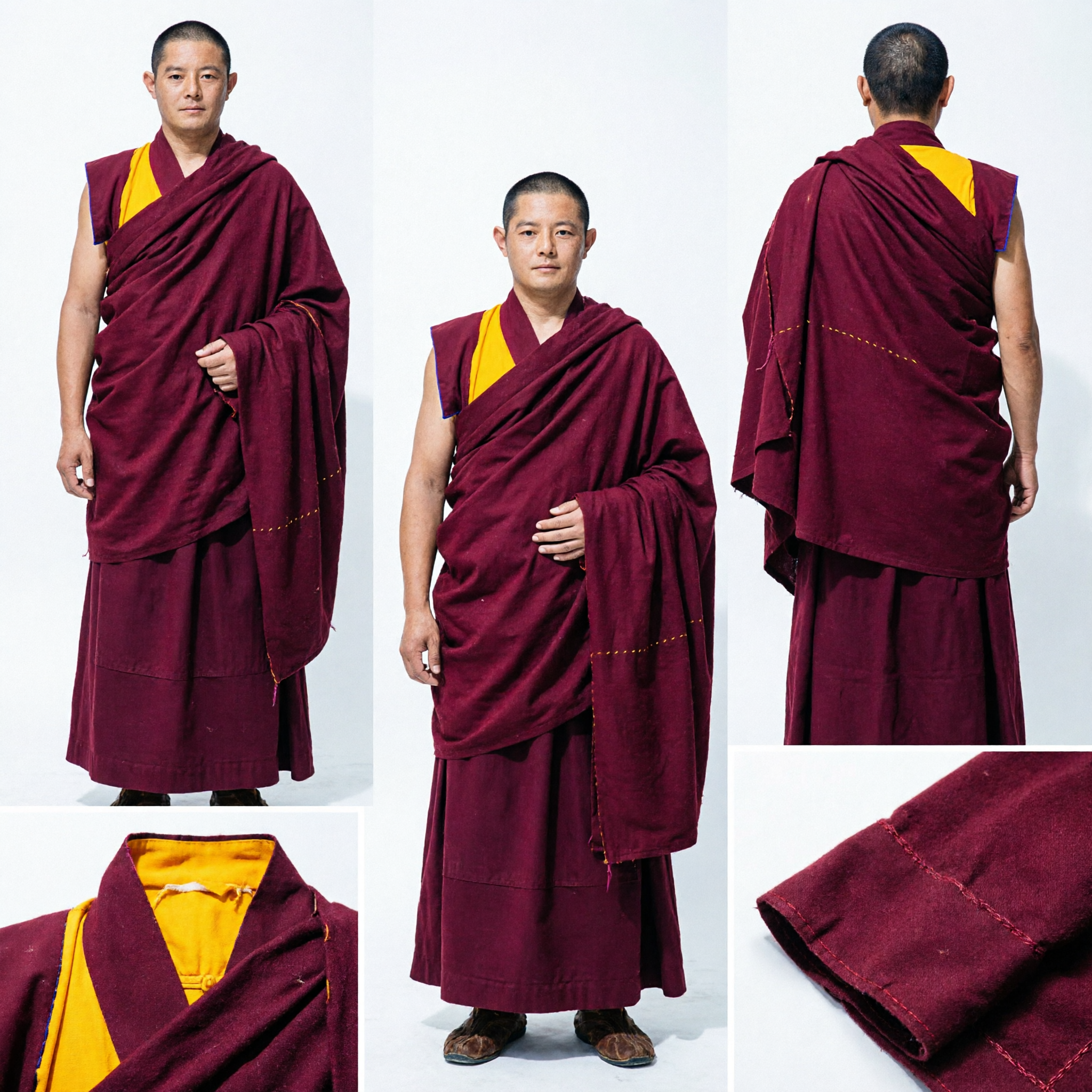 Authentic Maroon Tibetan Buddhist Monk Robe Traditional Chuba Shawl Set for Men Meditation and Religious Ceremonies