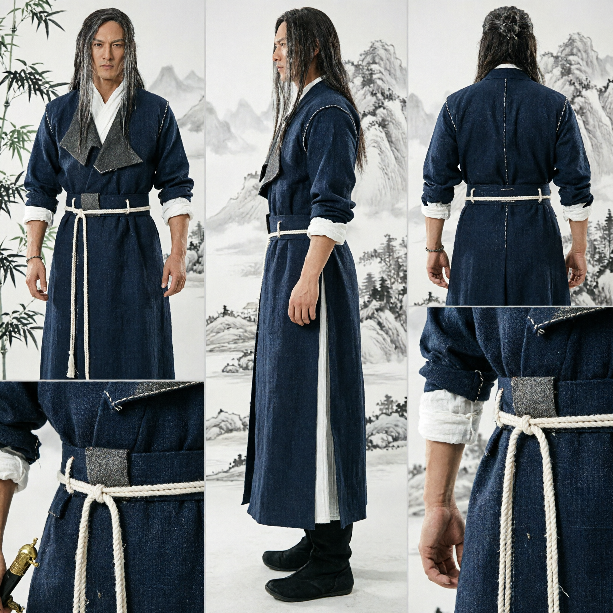Ancient Chinese Wuxia Swordsman Black Warrior Robe Costume Set for 1/6 Scale Male Action Figure Collectibles