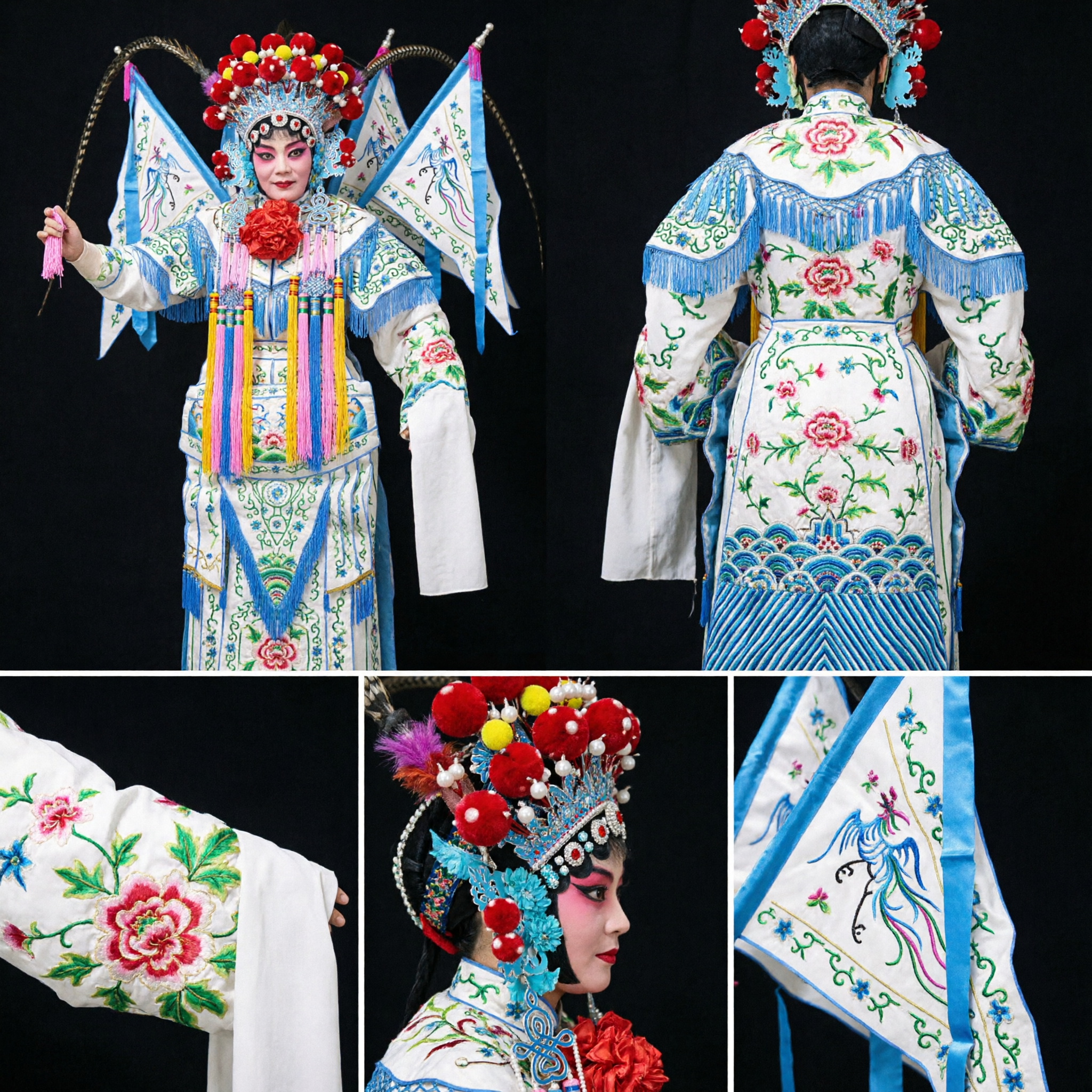 Traditional Peking Opera Female General Complete Costume Set with Elaborate Headdress and Back Flags for Stage Performance
