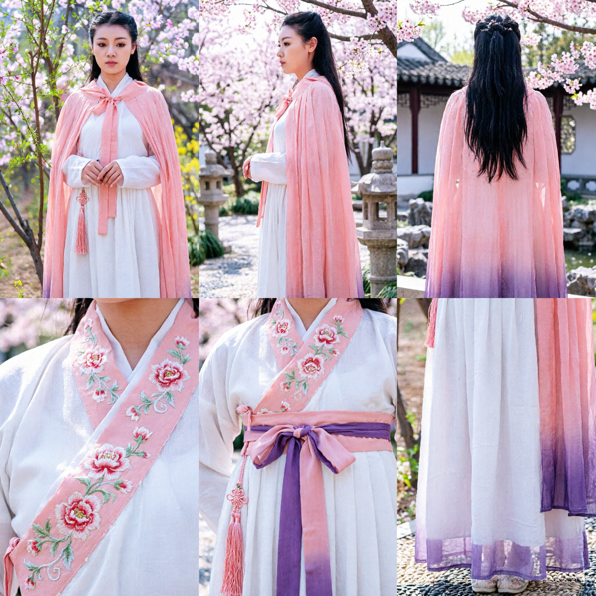 Ancient Chinese Hanfu Costume Pink Cape Cloak White Dress Traditional Clothing for Women Cosplay