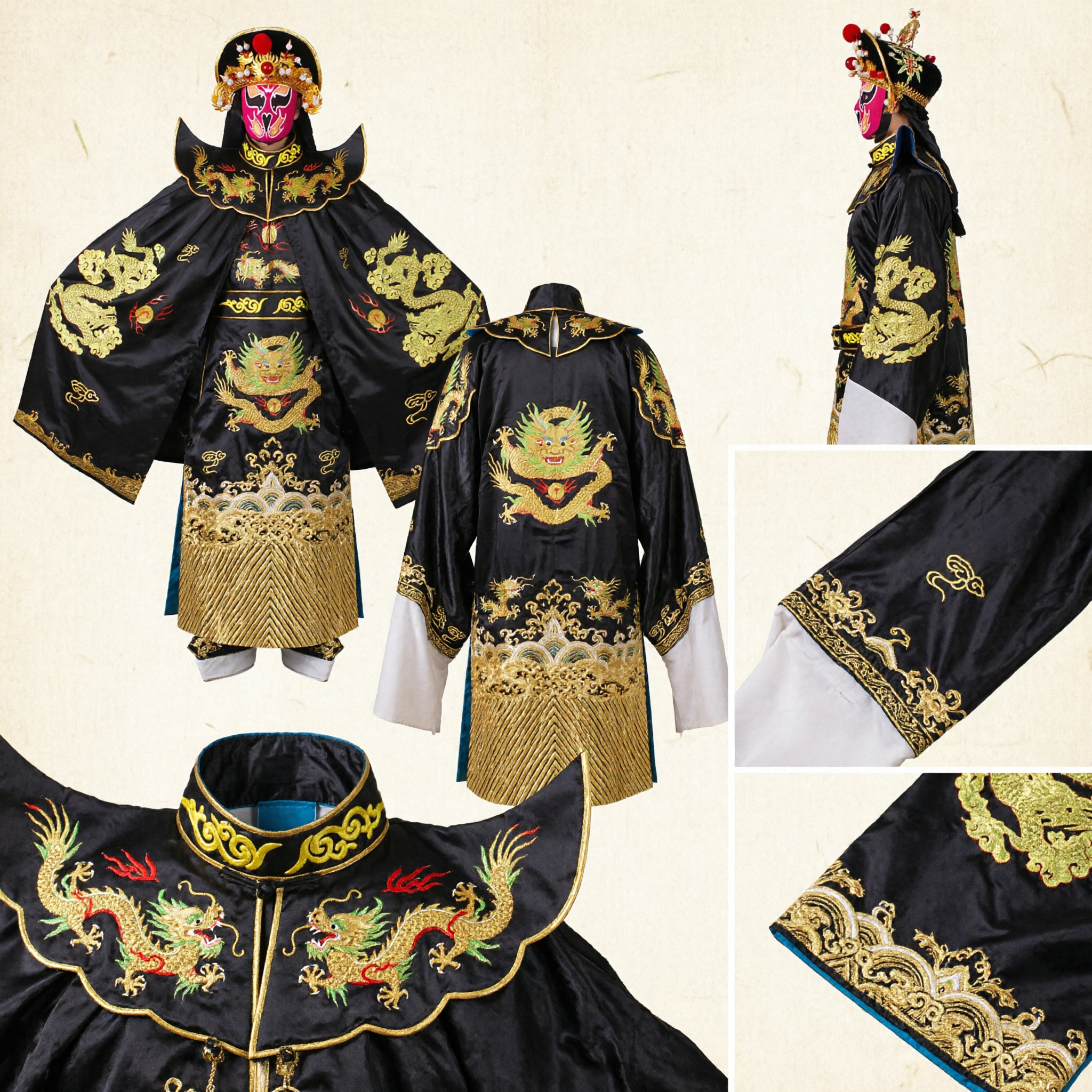 Men's Traditional Chinese Opera General Costume Black Dragon Robe with Mask for Sichuan Face Changing Stage Performance