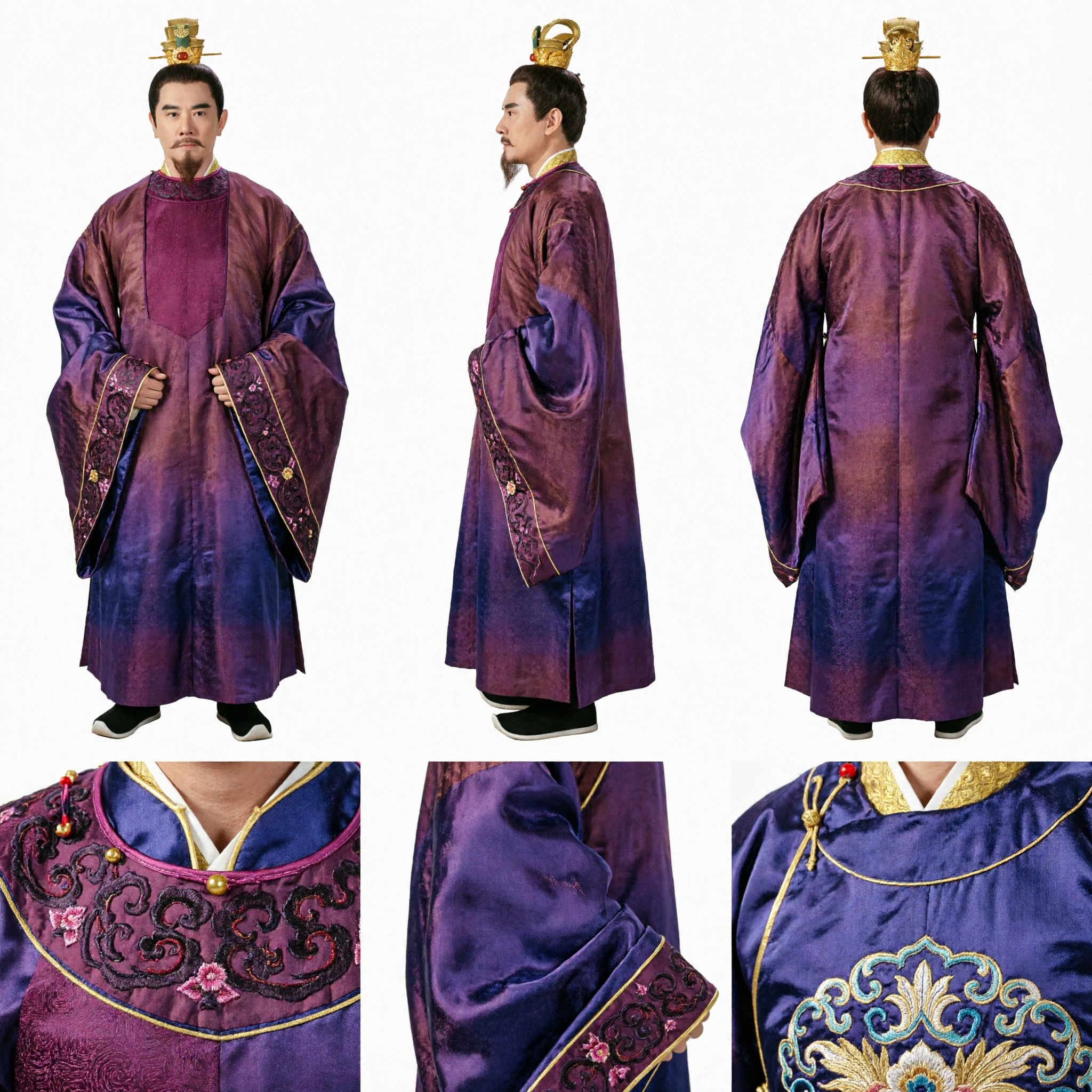 Ancient Chinese Emperor Costume Purple Robe and Gold Crown Set for Men Historical Drama Cosplay