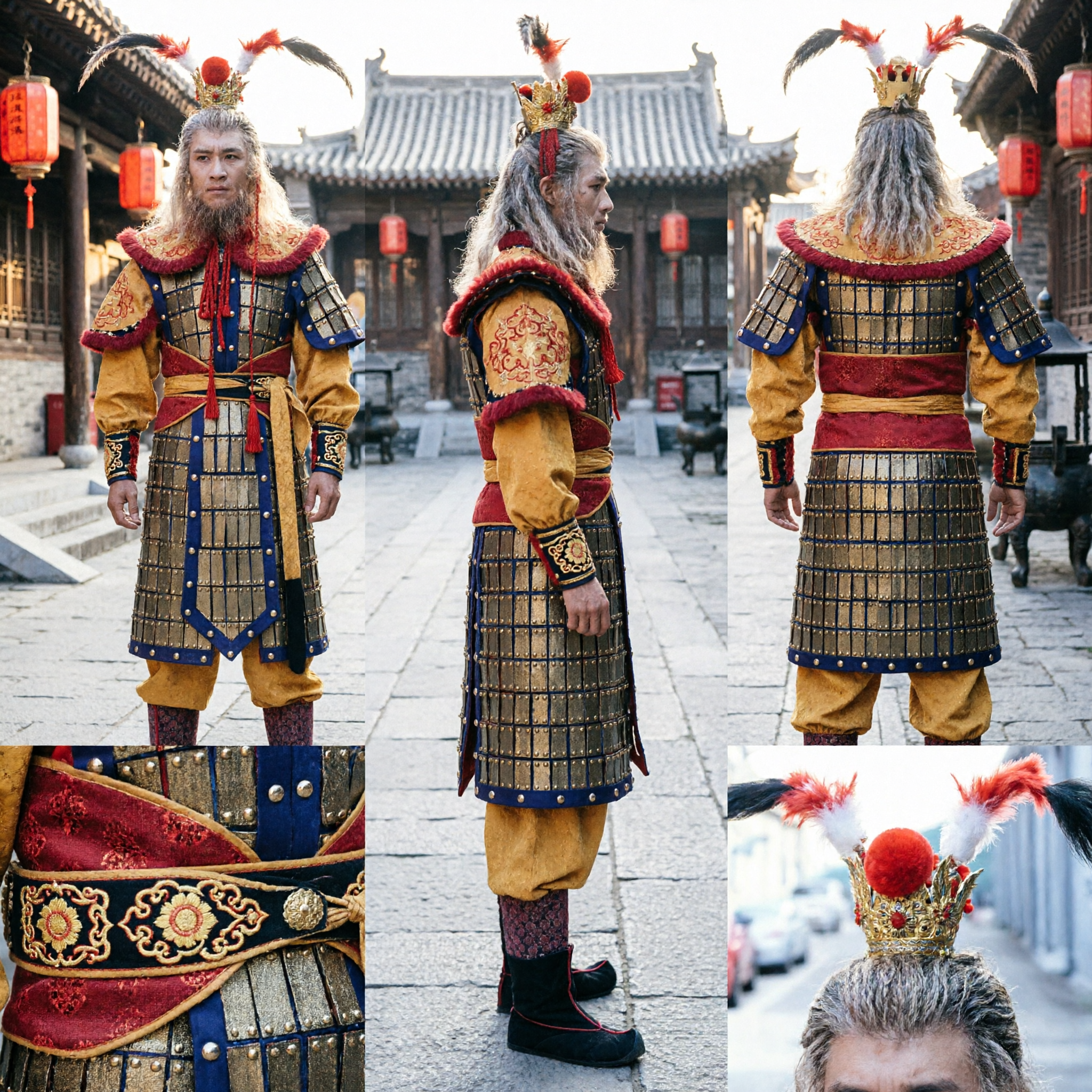 Traditional Chinese Opera Monkey King Sun Wukong Armor Costume with Pheasant Feathers for Stage Performance Adults