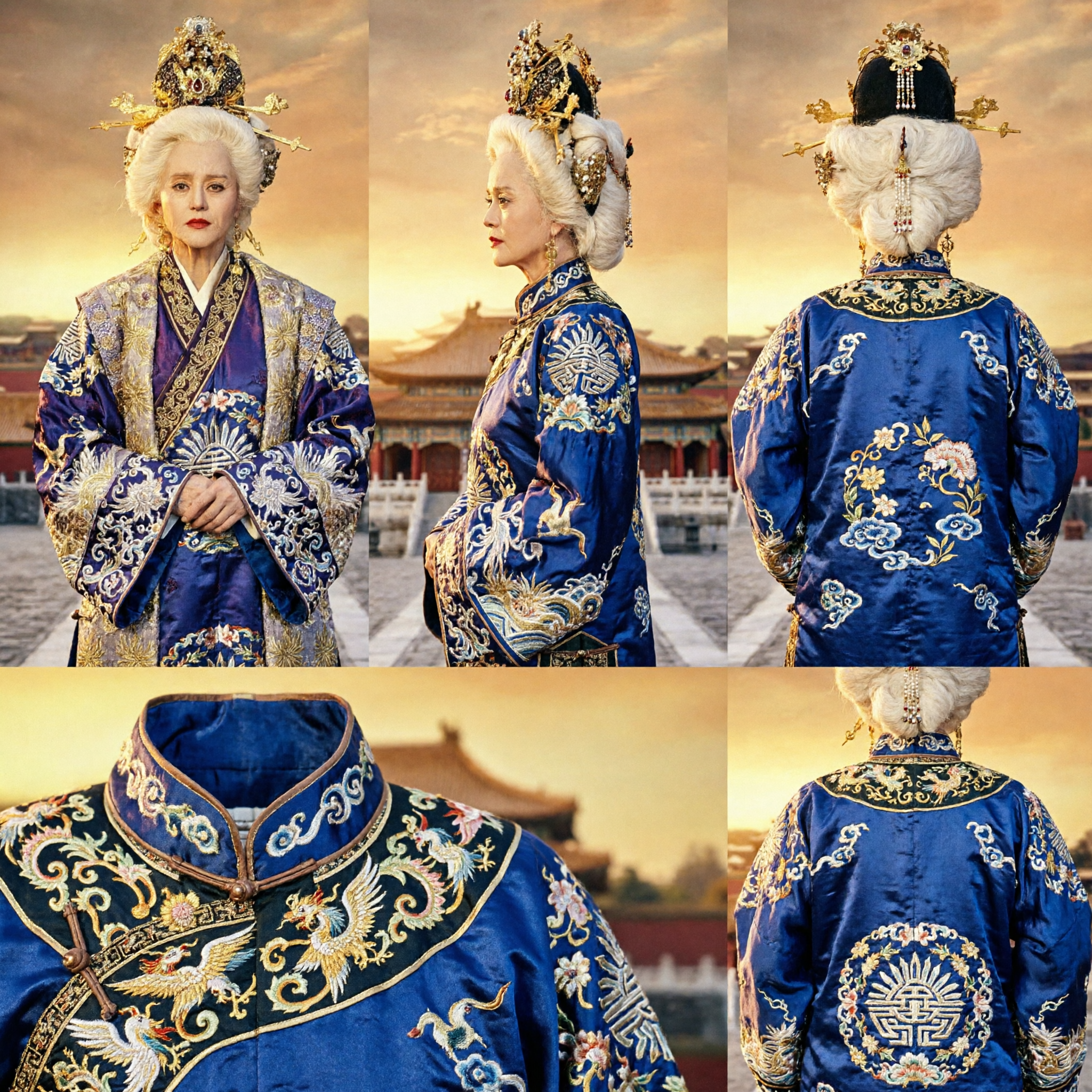 Ancient Chinese Empress Dowager Costume Complete Set with Golden Crown and Scepter for Elderly Women Performance