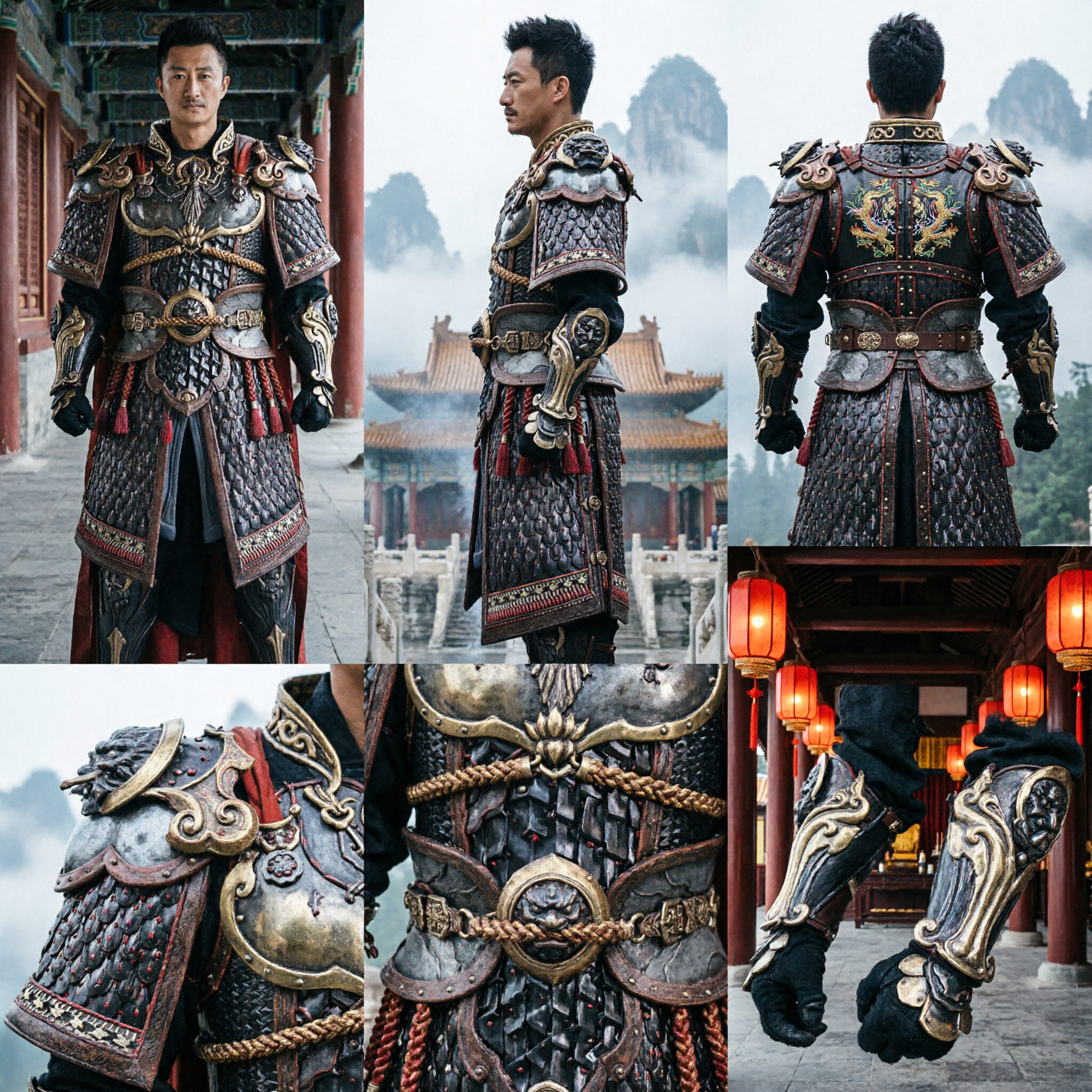 Men's Ancient Chinese General Warrior Armor Costume Black Gold Dragon Cosplay Outfit for Halloween