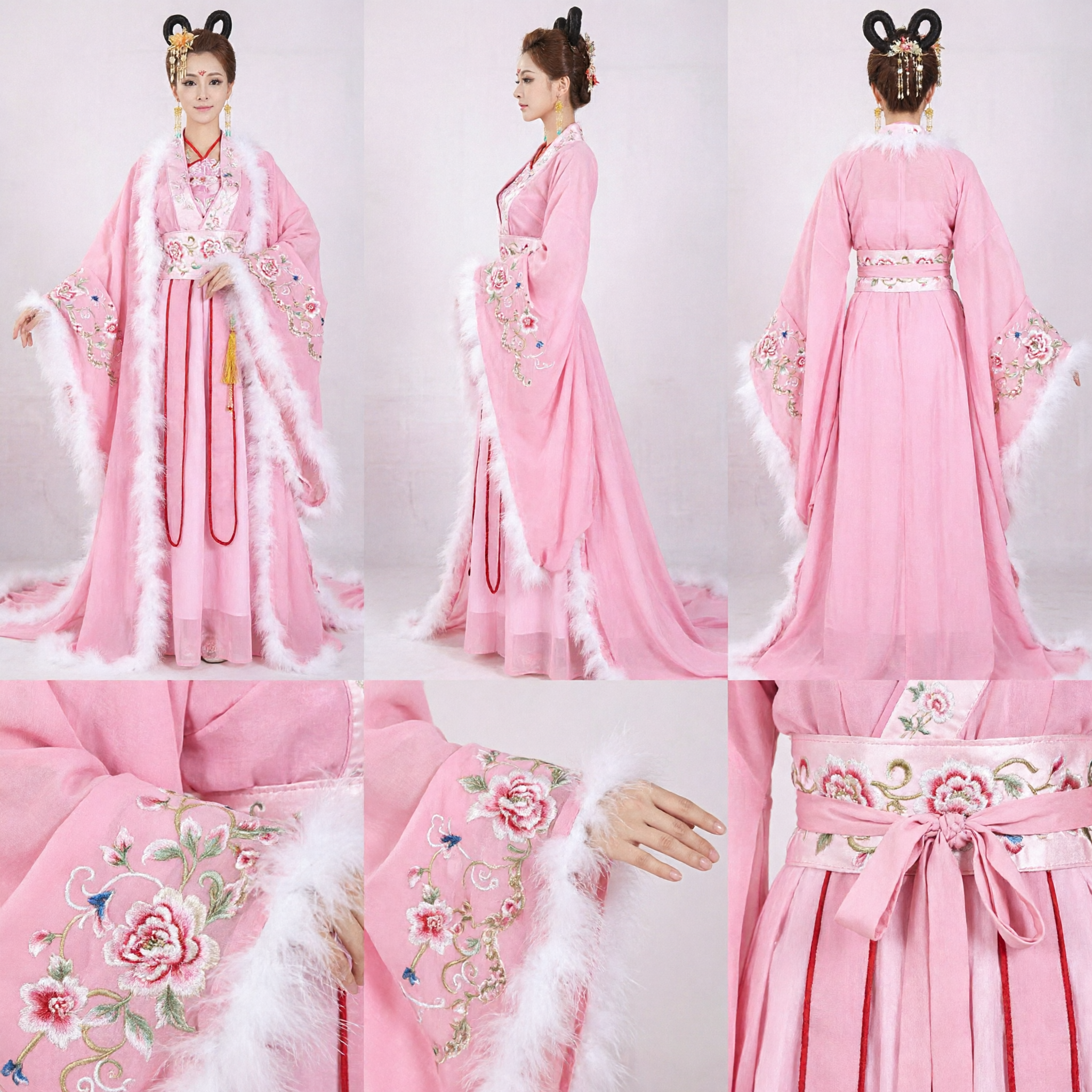 Elegant Pink Traditional Chinese Hanfu Costume with White Fur Trim for Women Ancient Cosplay