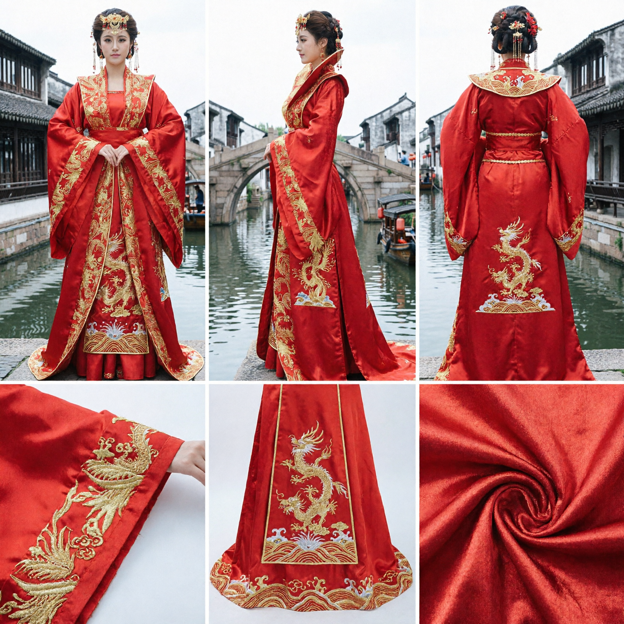 Ancient Chinese Red Wedding Dress Traditional Hanfu Costume for Women with Gold Embroidery for Brides