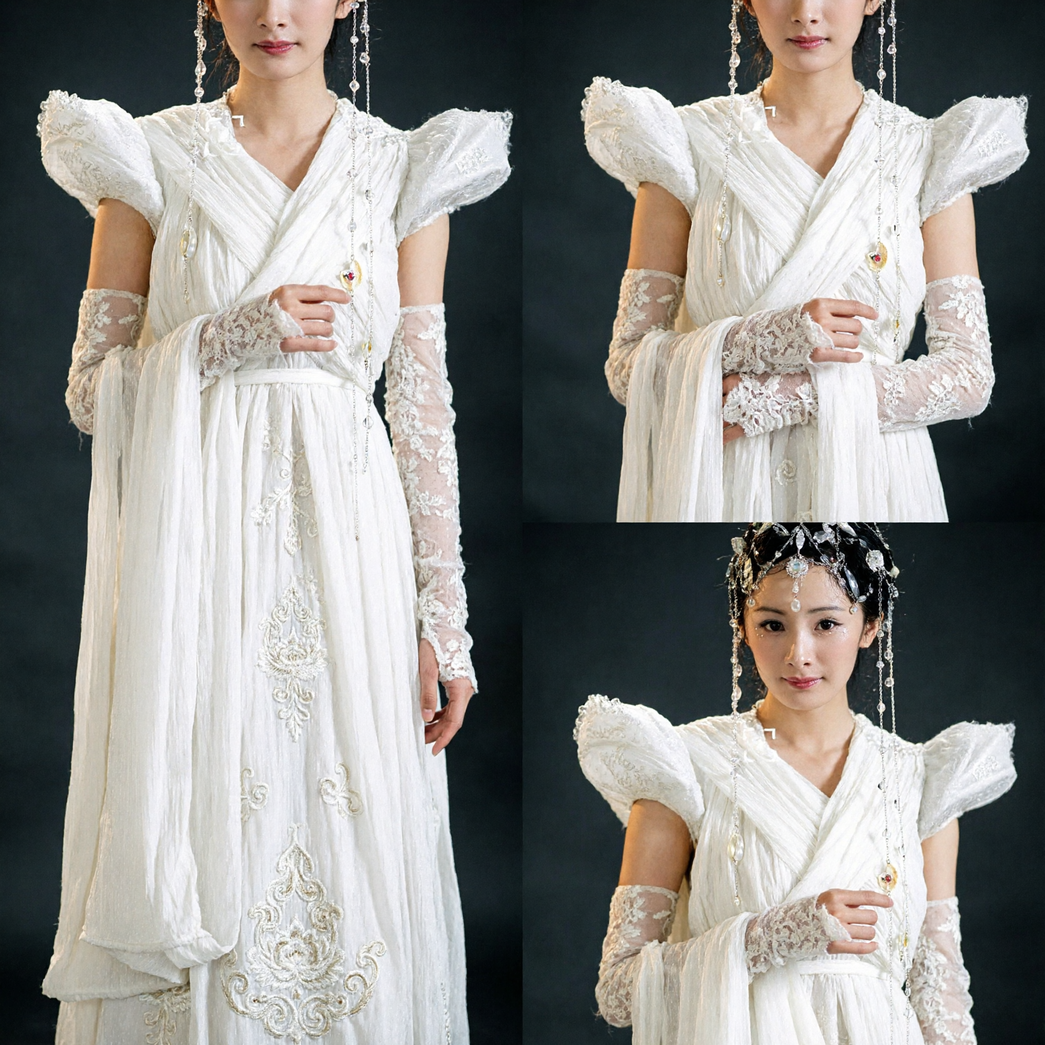 Elegant White Ancient Chinese Fairy Hanfu Costume Complete Set with Silver Headpiece for Women Photography