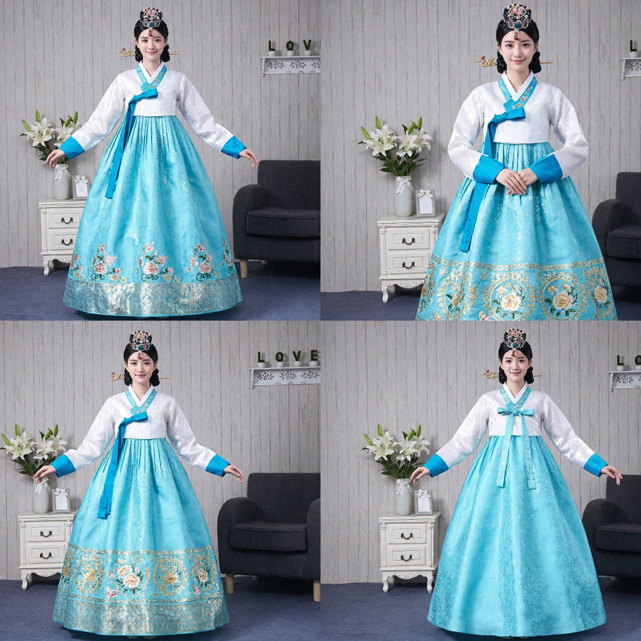 Elegant Women's Traditional Korean Hanbok Blue Chima and White Jeogori Formal Dress for Wedding Parties