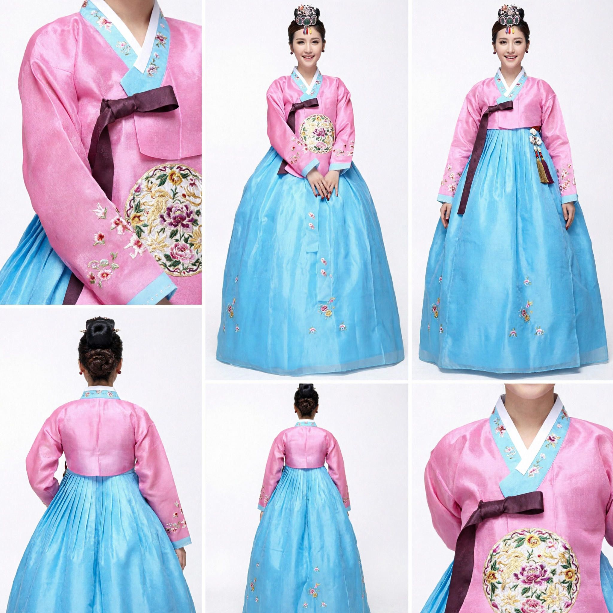 Women's Embroidered Korean Hanbok Pink Jeogori Blue Chima Palace Dress for Wedding and Special Occasions