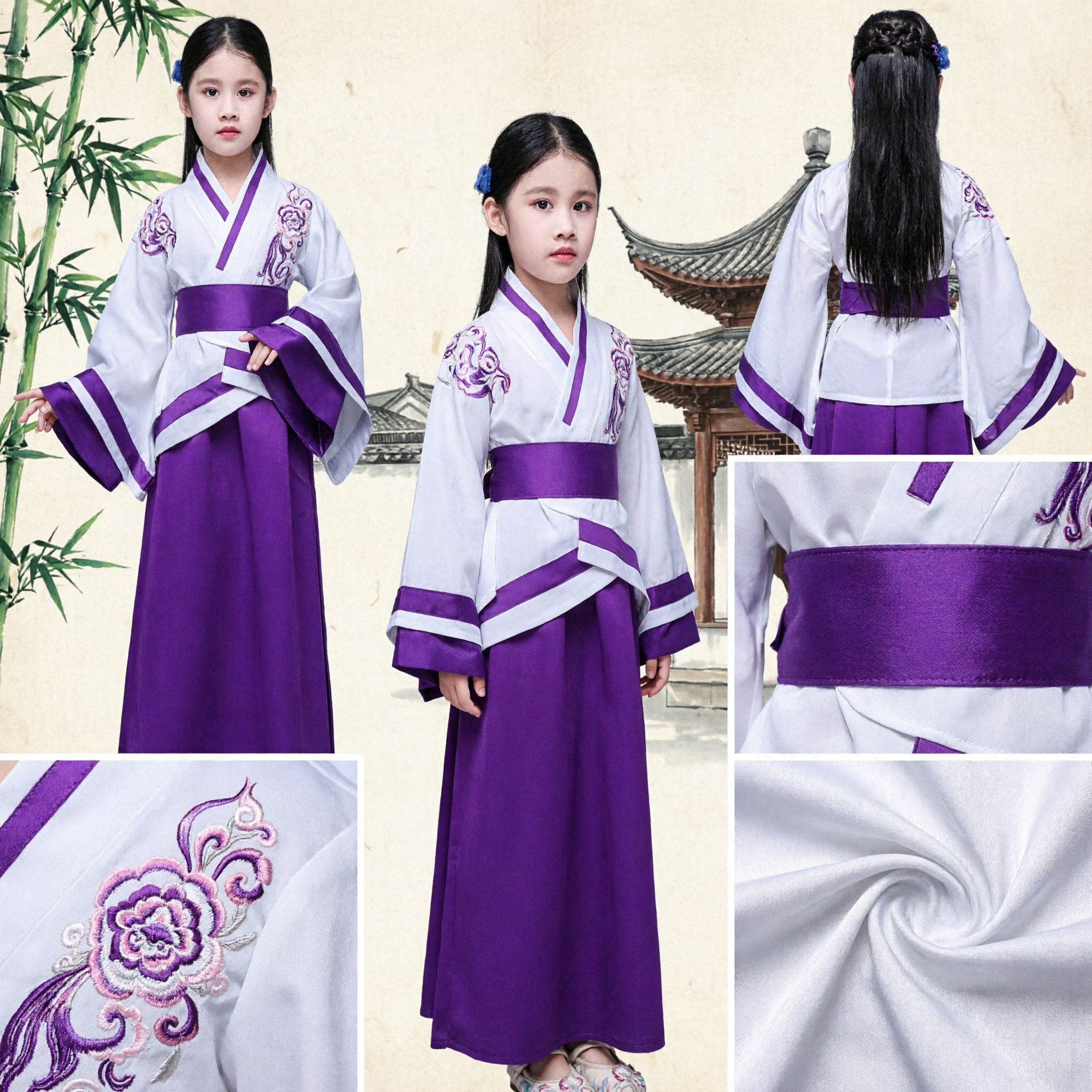 Traditional Chinese Hanfu Costume for Girls Purple and White Ancient Dress Kids Performance Clothing