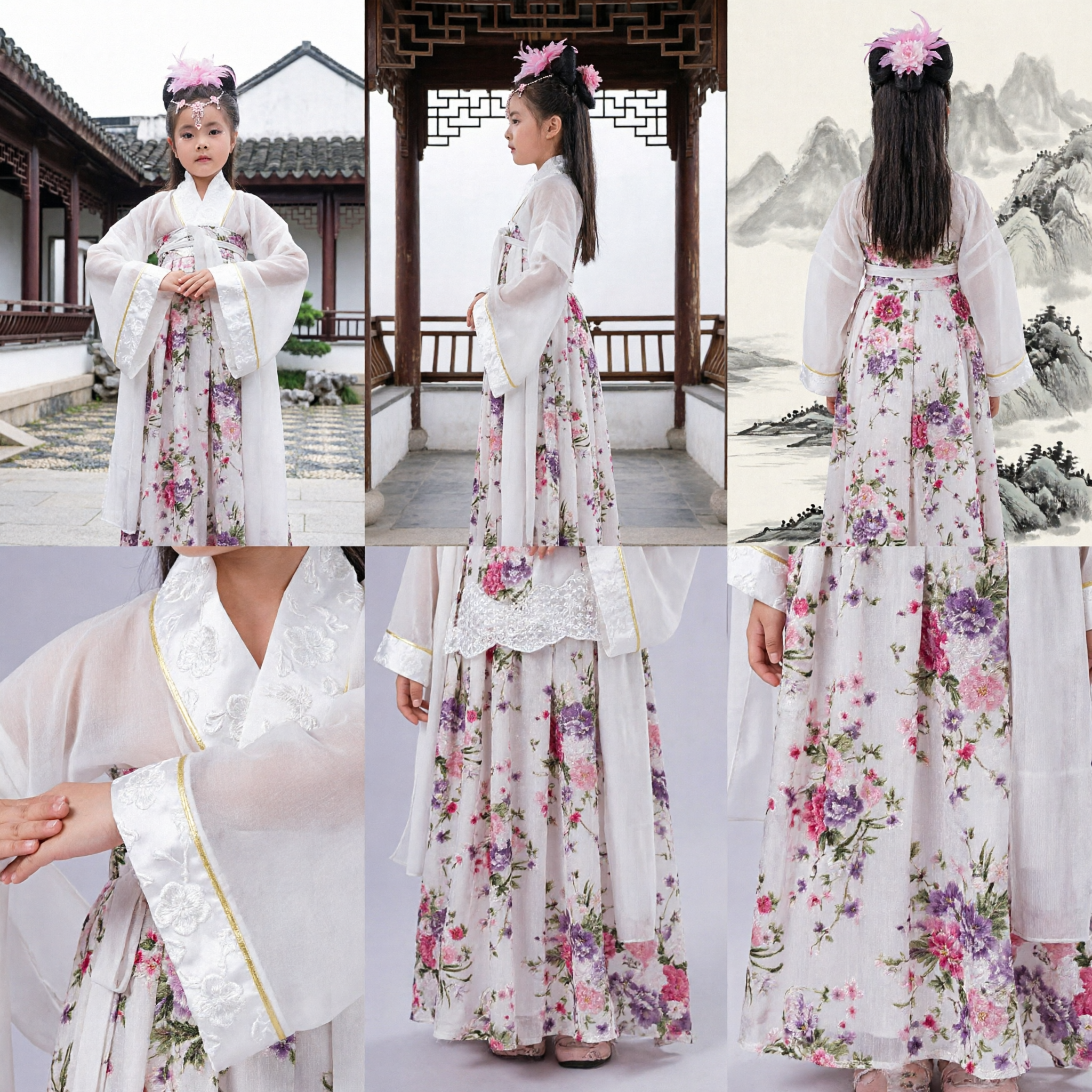 Traditional Chinese Hanfu Costume for Girls Ancient Fairy Floral Dress Kids Performance Clothing