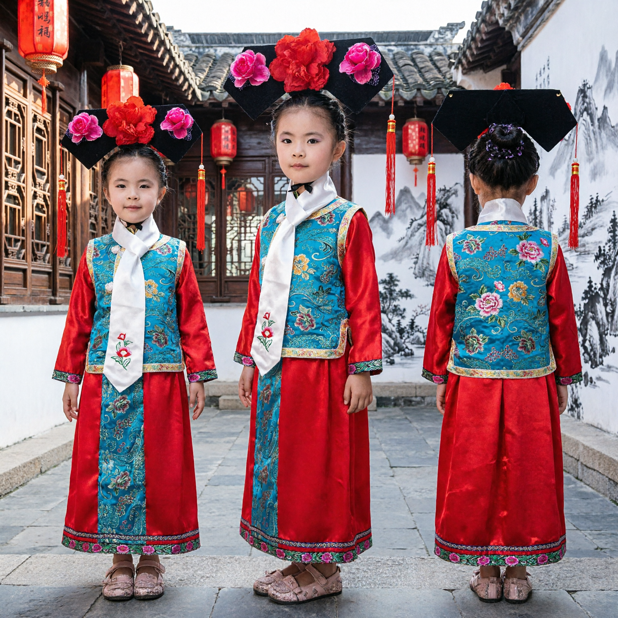Kids Girls Traditional Chinese Qing Dynasty Manchu Princess Costume Ancient Embroidered Dress for Stage Performance Cosplay