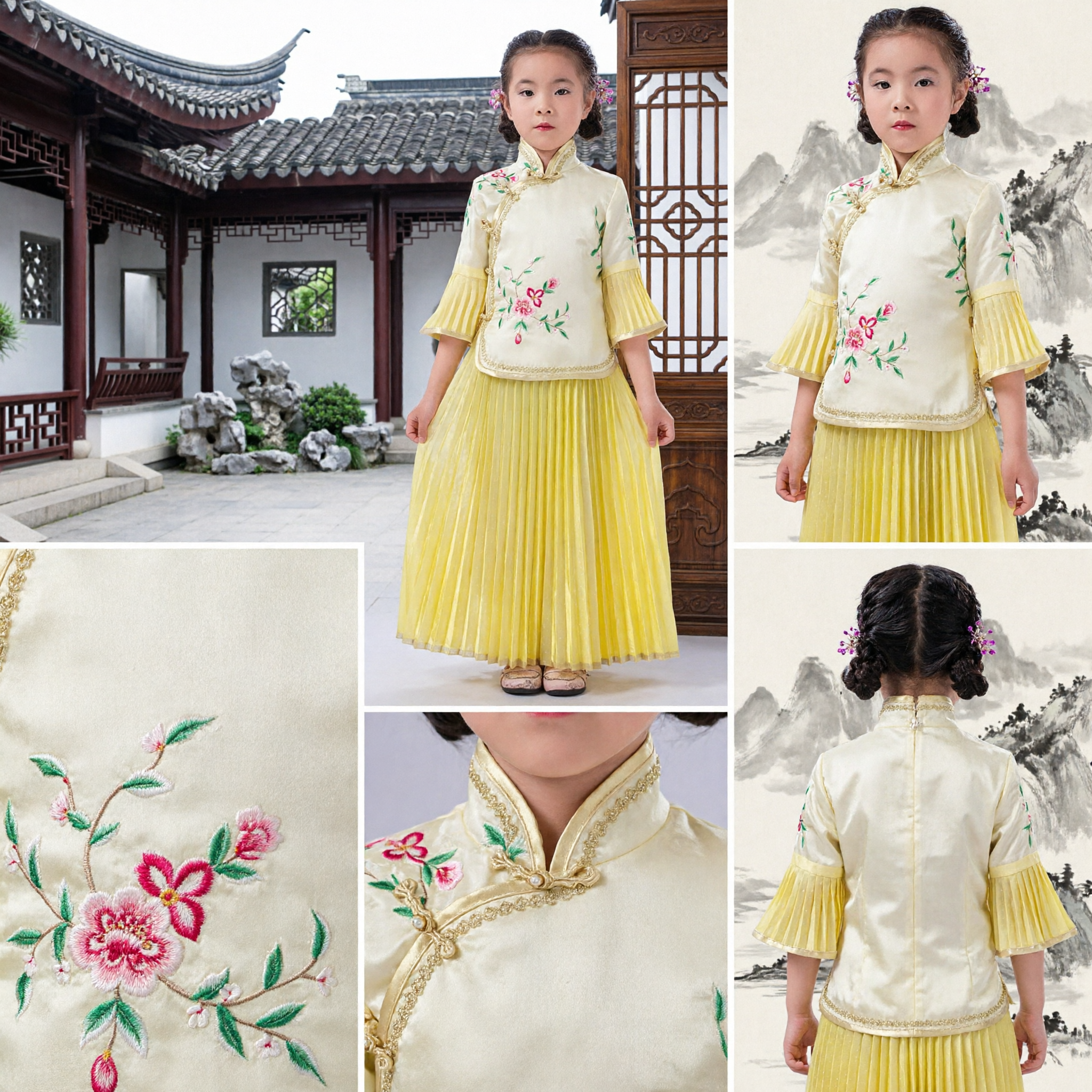 Traditional Chinese Kids Costume Girls Yellow Floral Embroidery Top and Pleated Skirt Set for Wedding Festival