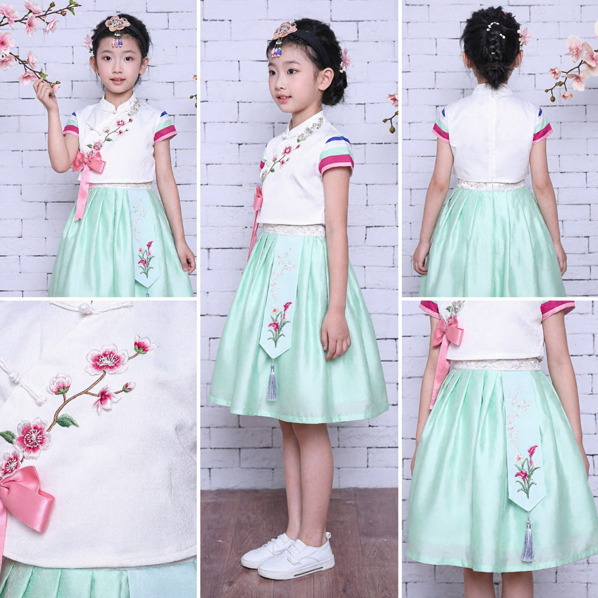 Kids Girls Traditional Chinese Hanfu Dress Green Floral Embroidery Cheongsam Performance Costume for Festival